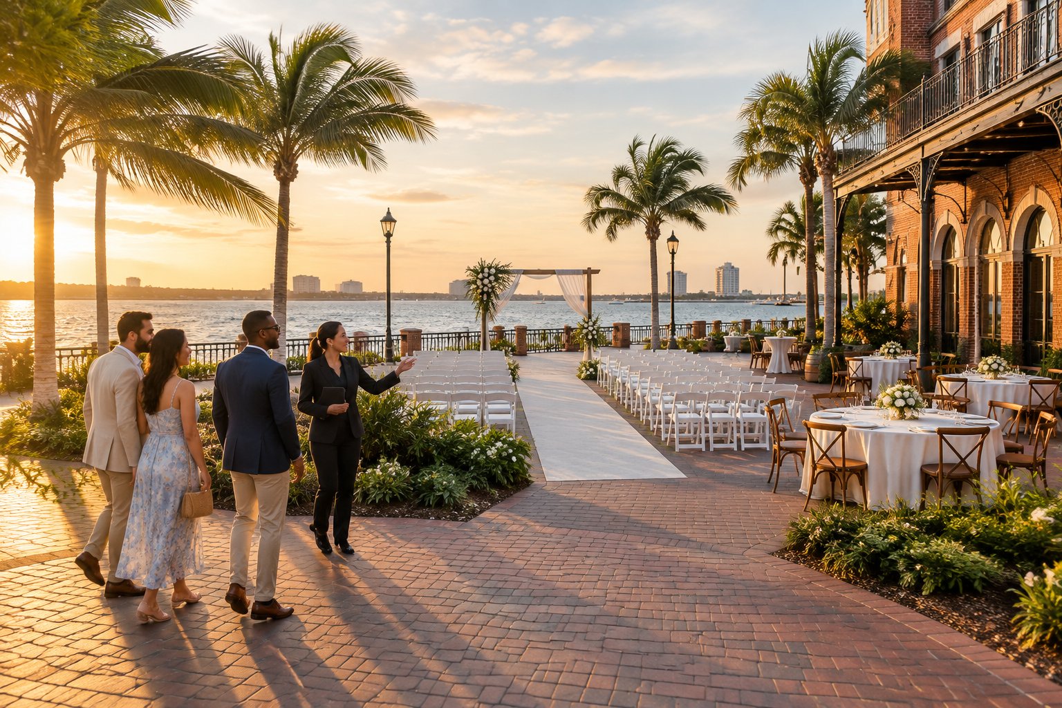A couple tours an elegant beachside wedding venue with seating, a ceremony arch, reception tables, and tropical landscaping near historic brick architecture.