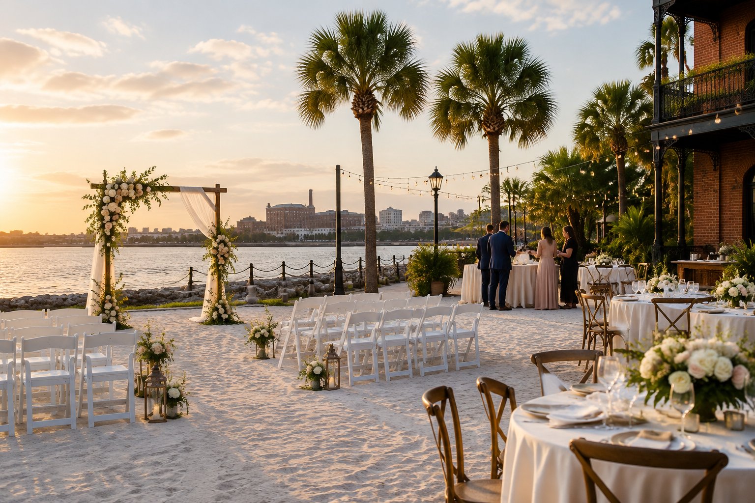 Elegant beach wedding setup near a historic waterfront venue with white chairs, flowers, and reception tables.