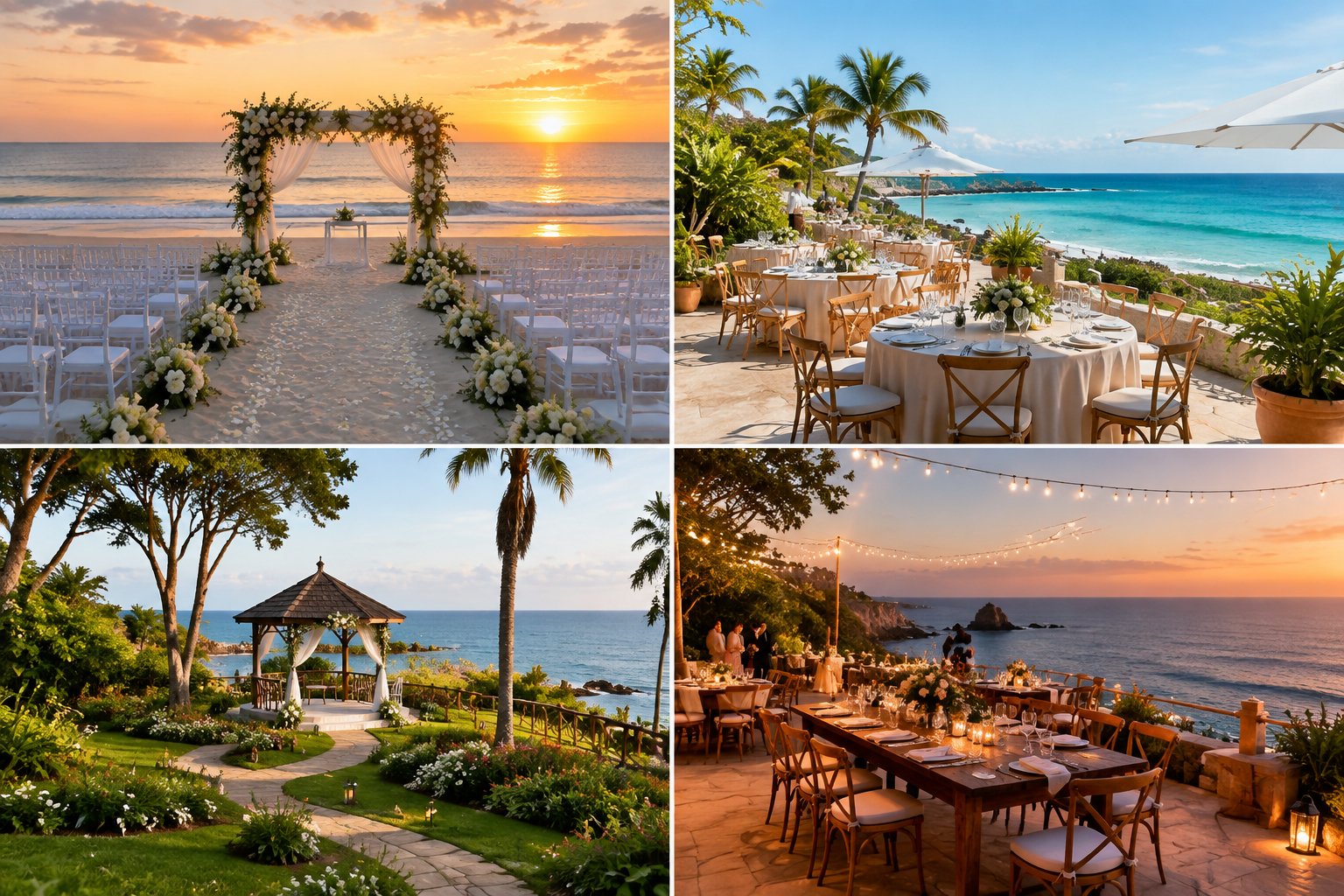 Four picturesque beach wedding venues featuring coastal ceremonies, tropical terraces, seaside gardens, and cliffside receptions.