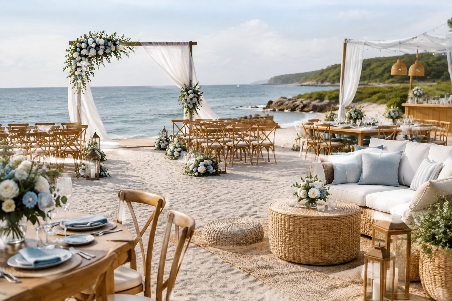 An elegant beach wedding setup with a ceremony arch, dining area, and lounge spaces beside calm blue water.