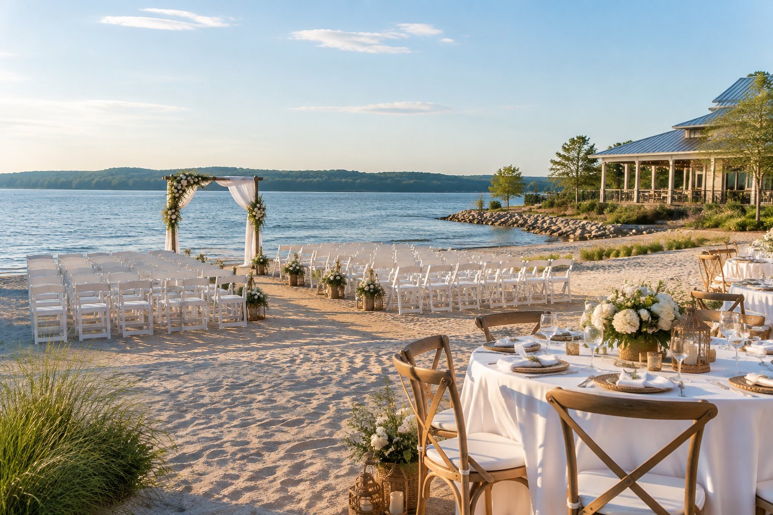 An elegant beach wedding setup with white chairs, a floral arch, and a reception table beside calm water.