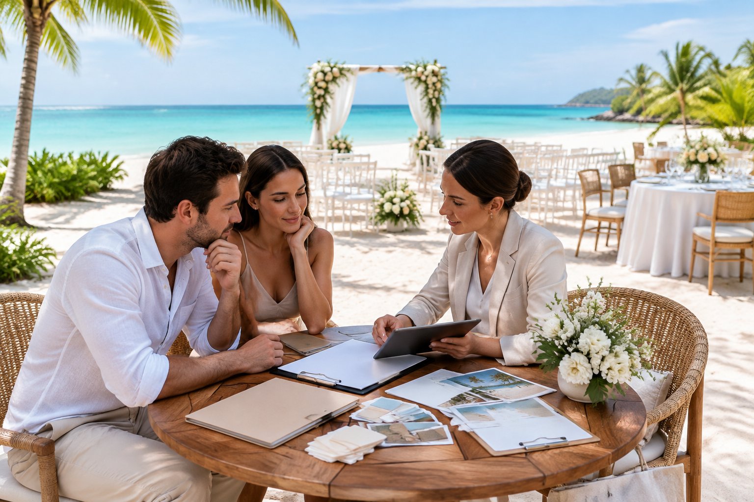 A couple and wedding planner review venue materials beside an elegant beach wedding setup overlooking the ocean.