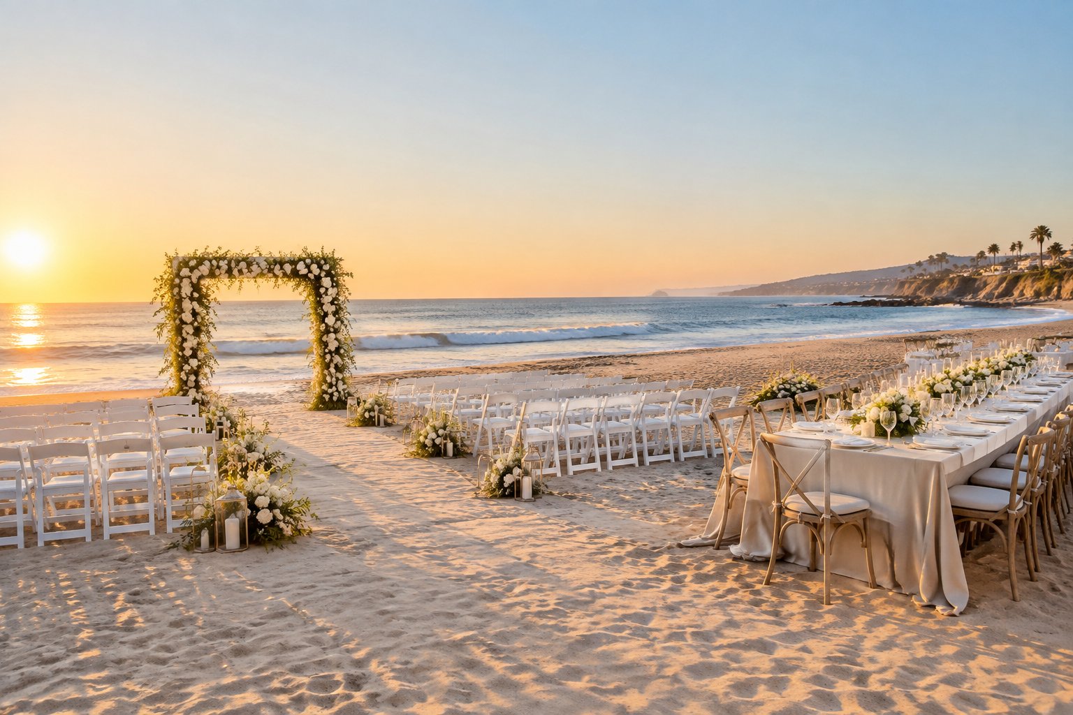 Elegant wedding ceremony and reception setup on a sandy Los Angeles beach beside the ocean.