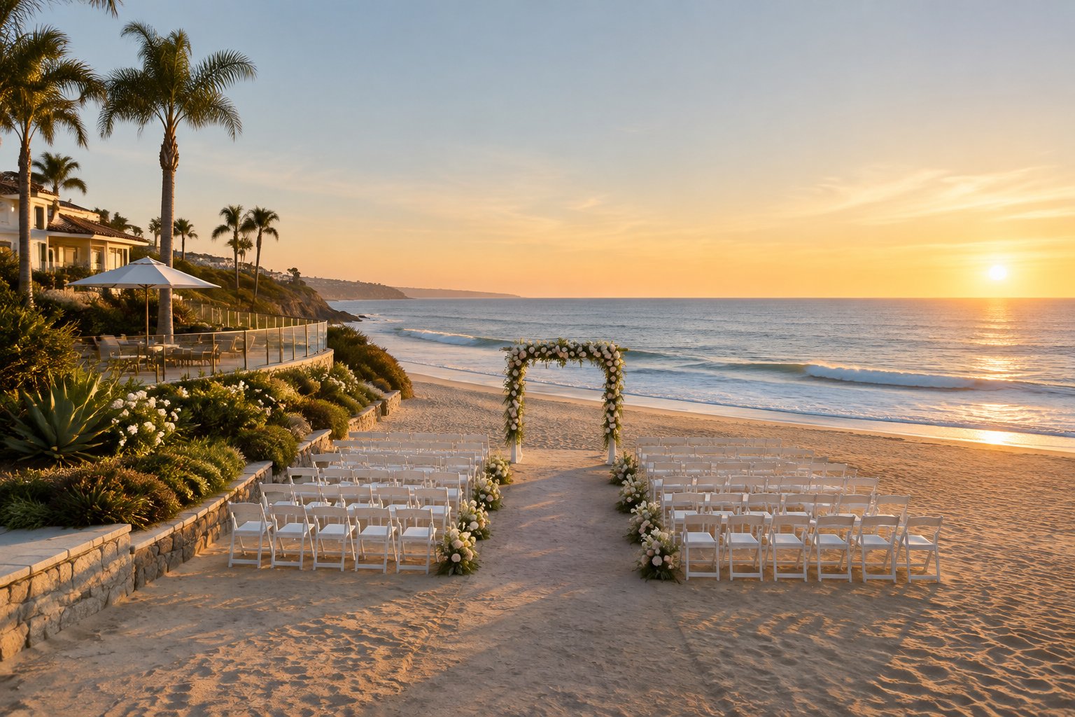 An elegant beach wedding ceremony setup overlooking the Pacific Ocean in Los Angeles.