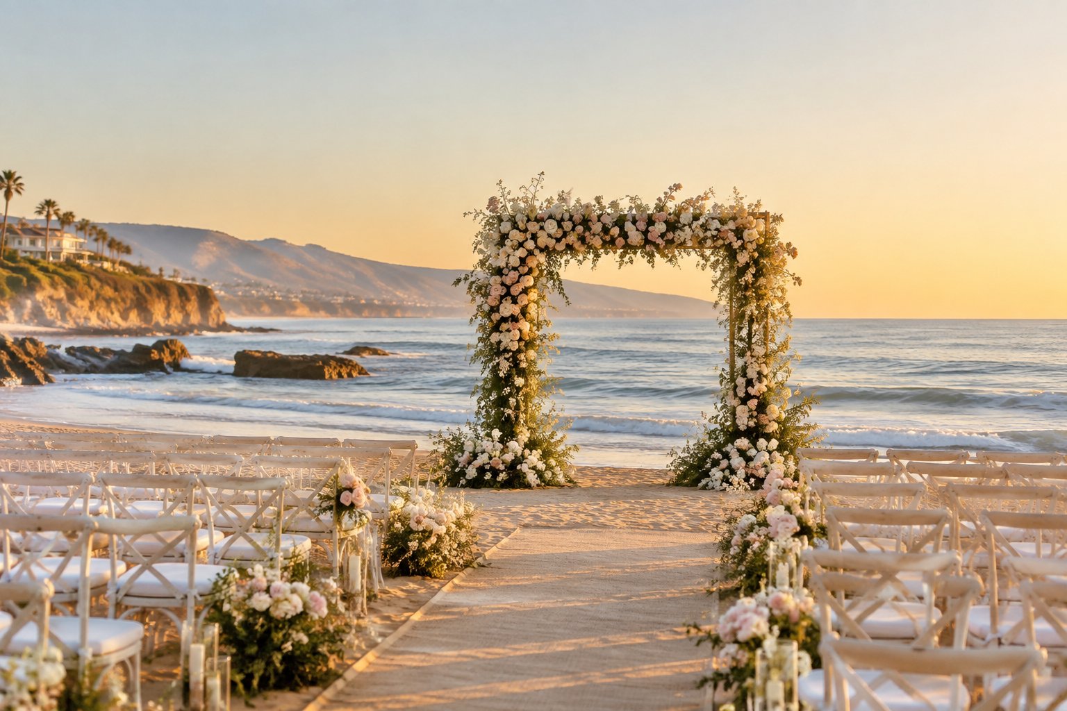 Elegant wedding ceremony setup on a Malibu beach with ocean views, floral arch, and white seating.