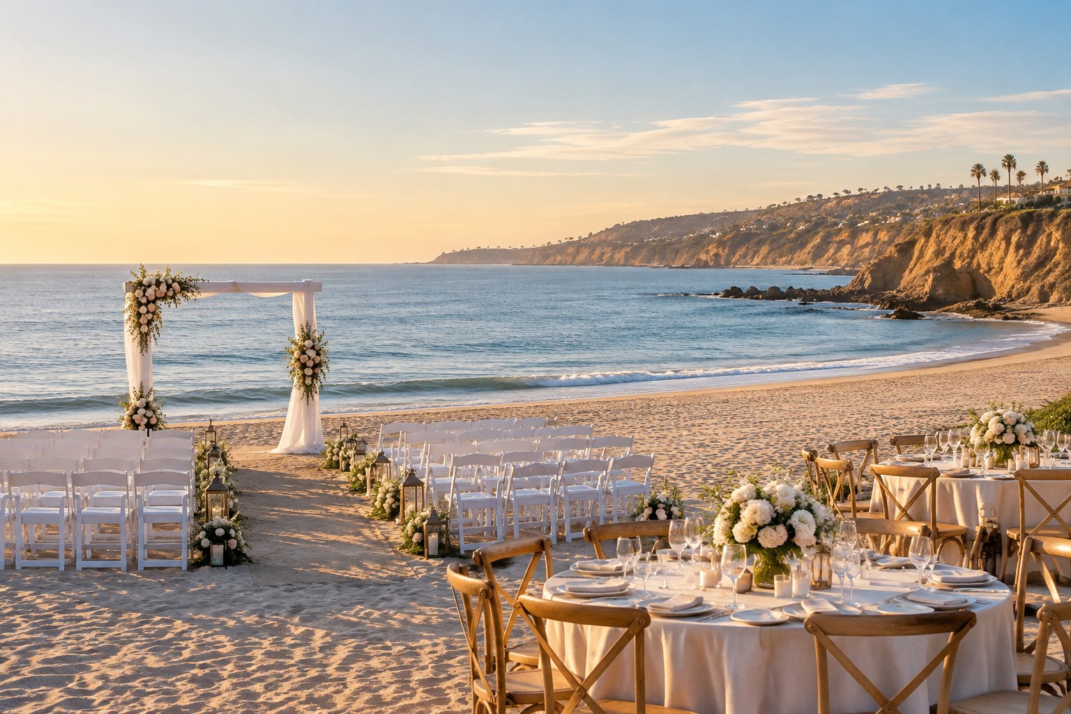 An elegant wedding ceremony setup on a sunny Southern California beach with ocean views and coastal cliffs.