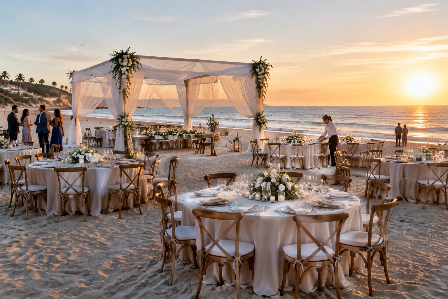 Elegant wedding reception setup on a sandy Los Angeles beach at sunset.