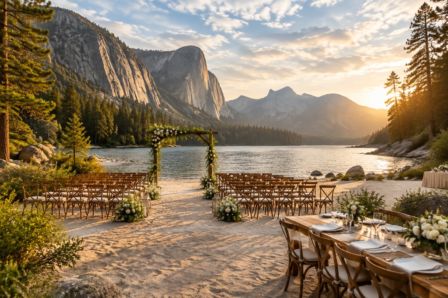 An elegant wedding ceremony setup on a sandy beach with mountain cliffs, pine trees, and a calm shoreline.