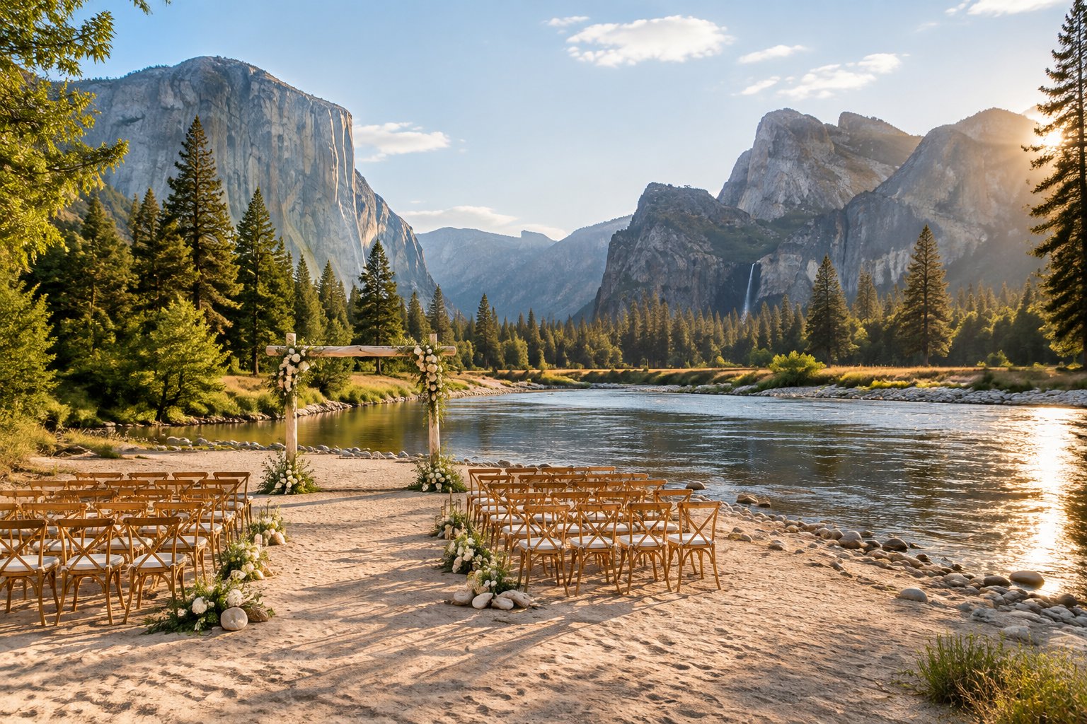 A riverside wedding ceremony setup with wooden chairs, a floral arbor, a calm river, and mountain scenery.