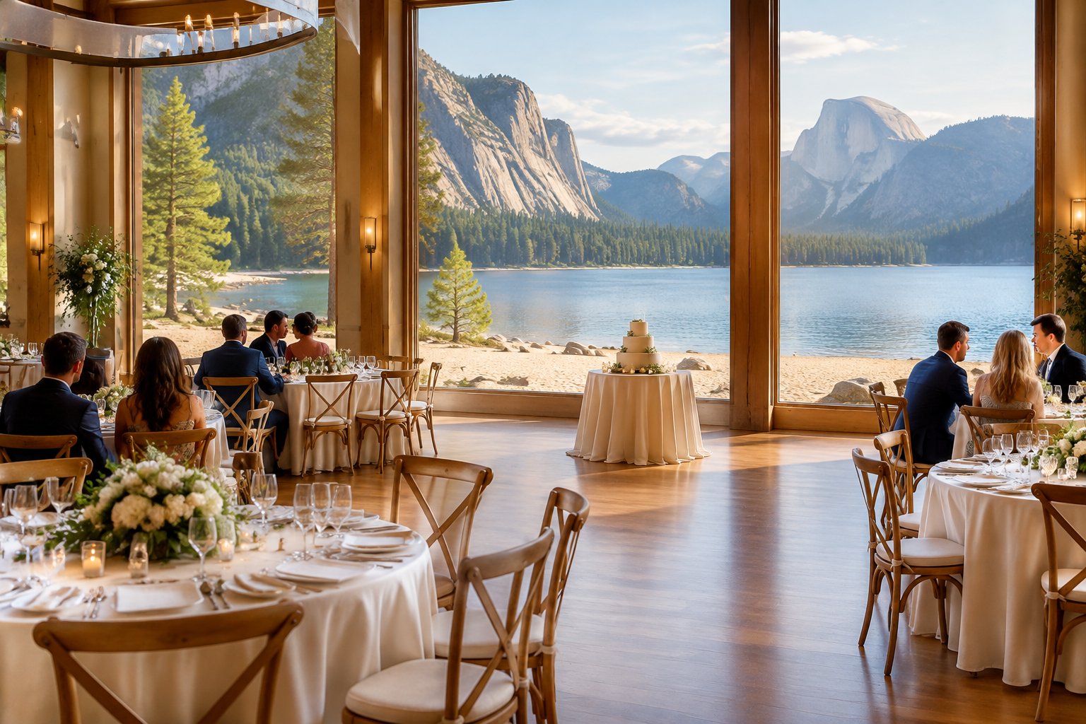 An elegant indoor wedding reception venue overlooking a sandy lakeshore and granite mountains.