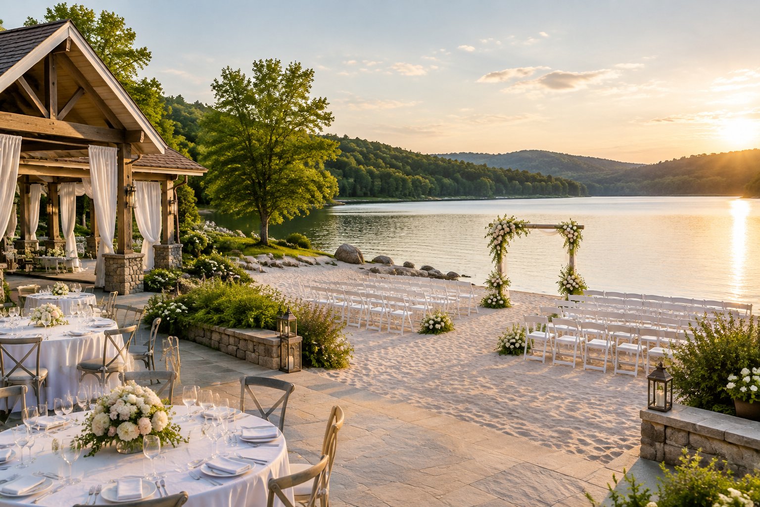 An elegant outdoor wedding venue arranged on a sandy lakeshore with white chairs, floral decor, and green hills in the background.