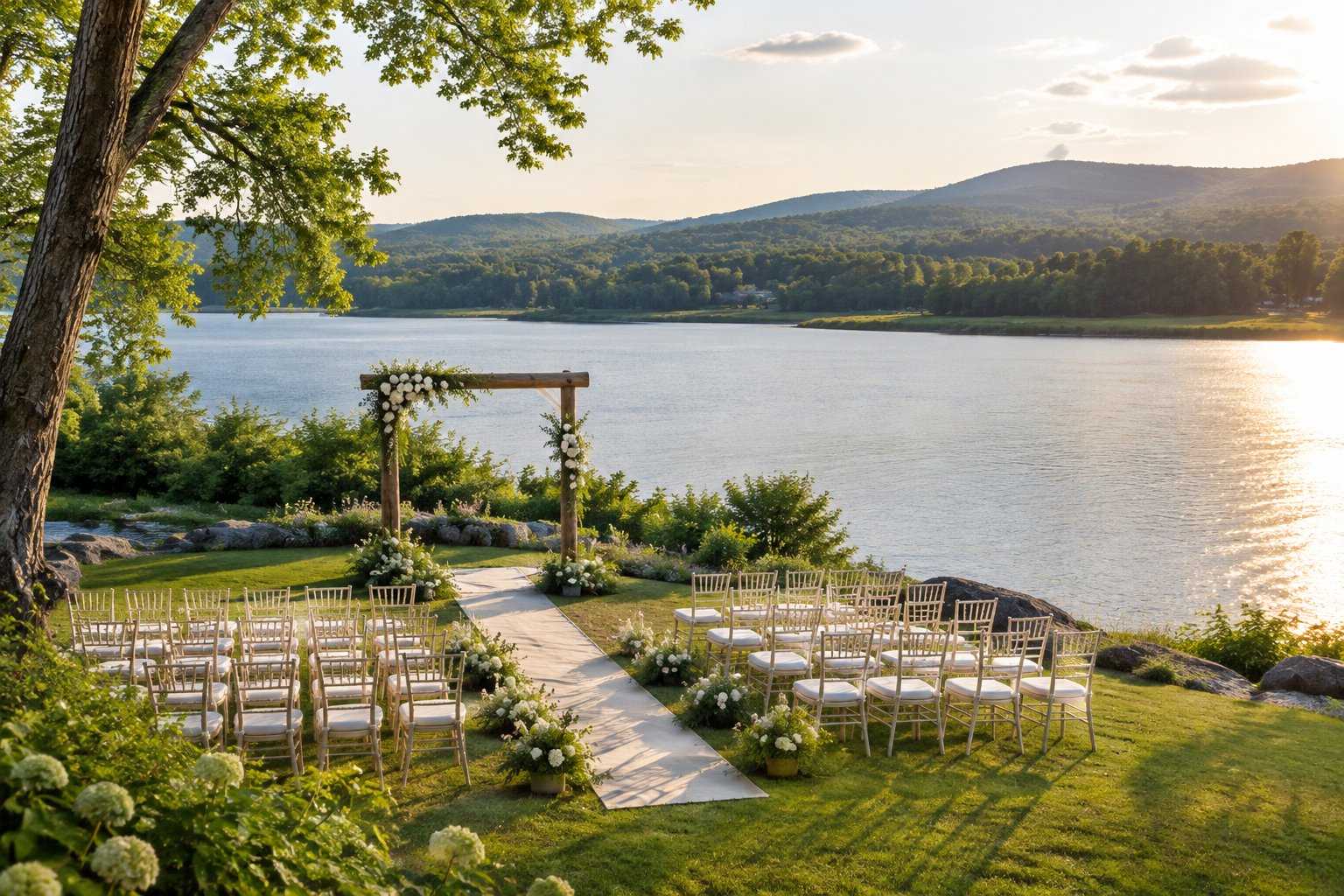 An elegant wedding ceremony setup beside a calm lake surrounded by green Vermont hills.