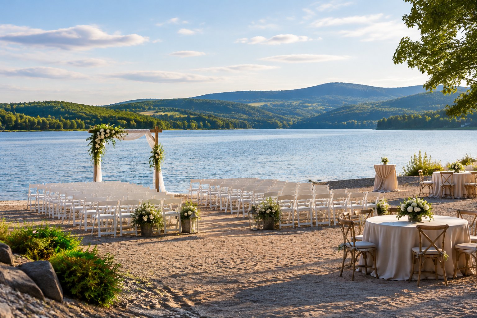 A lakeside wedding ceremony setup with white chairs, a floral arch, and reception tables overlooking wooded hills.