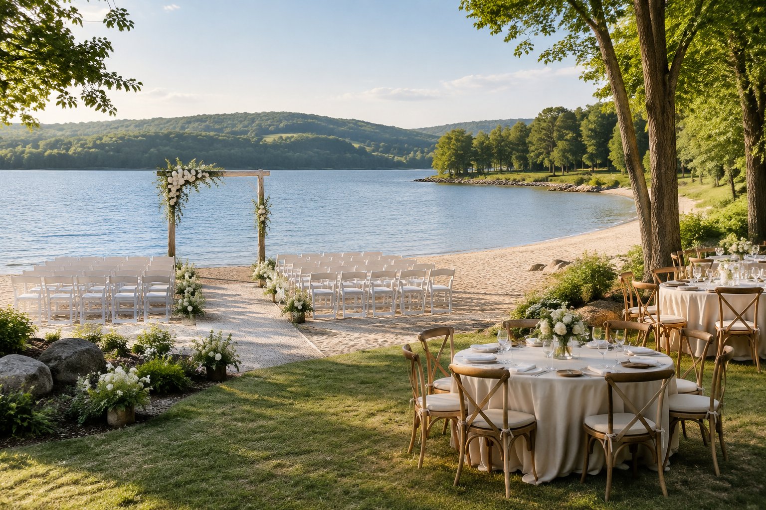 An elegant lakeside beach wedding ceremony and reception setup in a scenic green landscape.