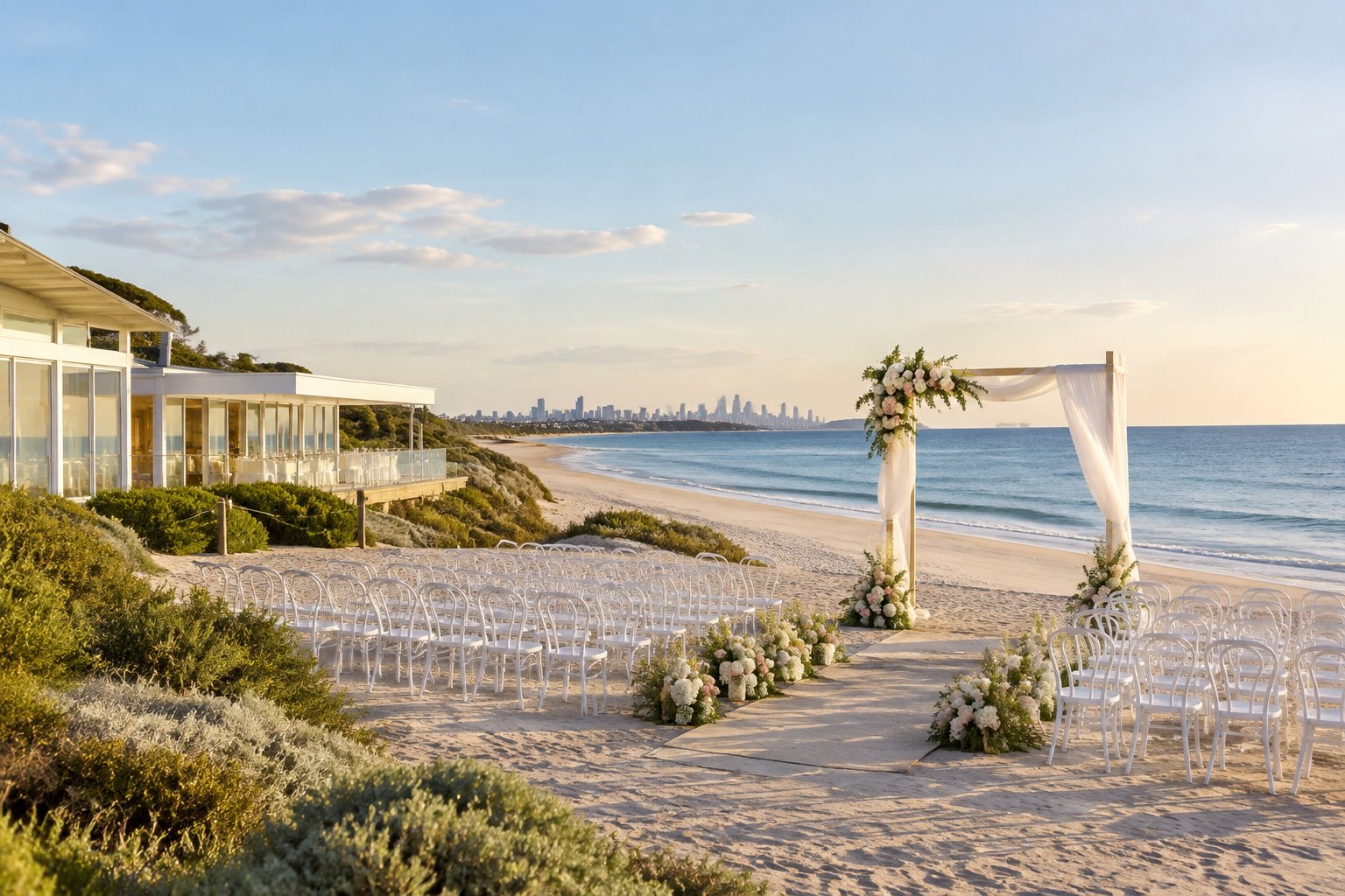 An elegant beach wedding ceremony setup beside a coastal venue near Melbourne, with white chairs, floral decorations, and the ocean in the background.