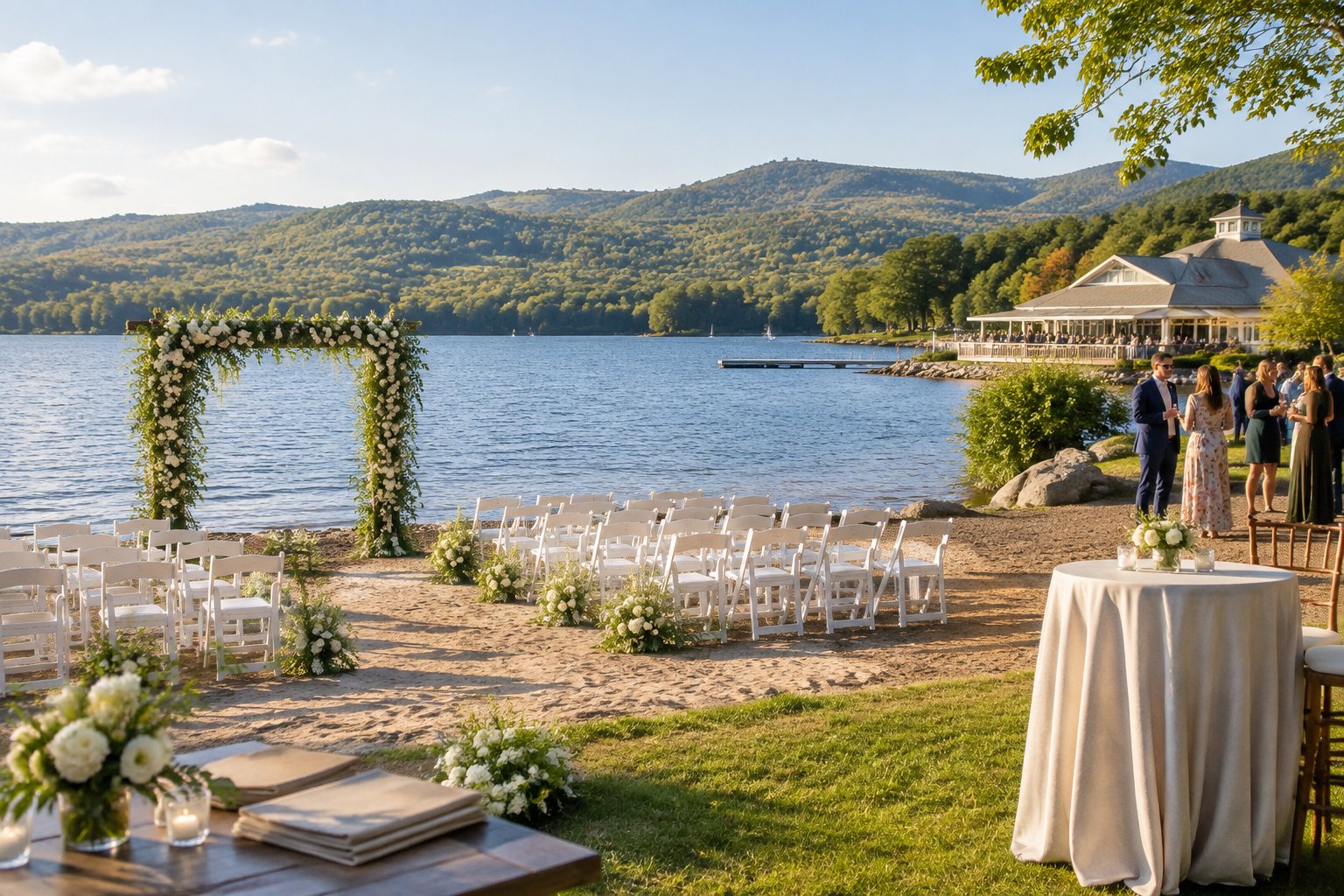 An elegant lakeside wedding ceremony setup with white chairs and a floral arch overlooking calm water and wooded hills.