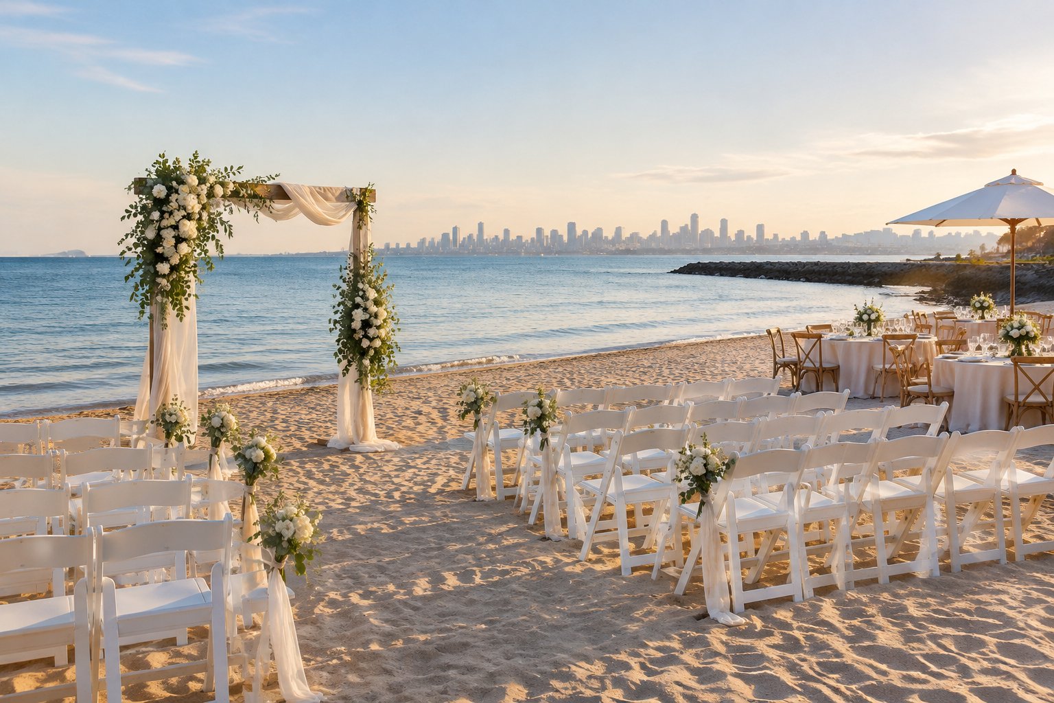 Elegant outdoor wedding ceremony arranged on a sandy beach beside calm Port Phillip Bay waters.