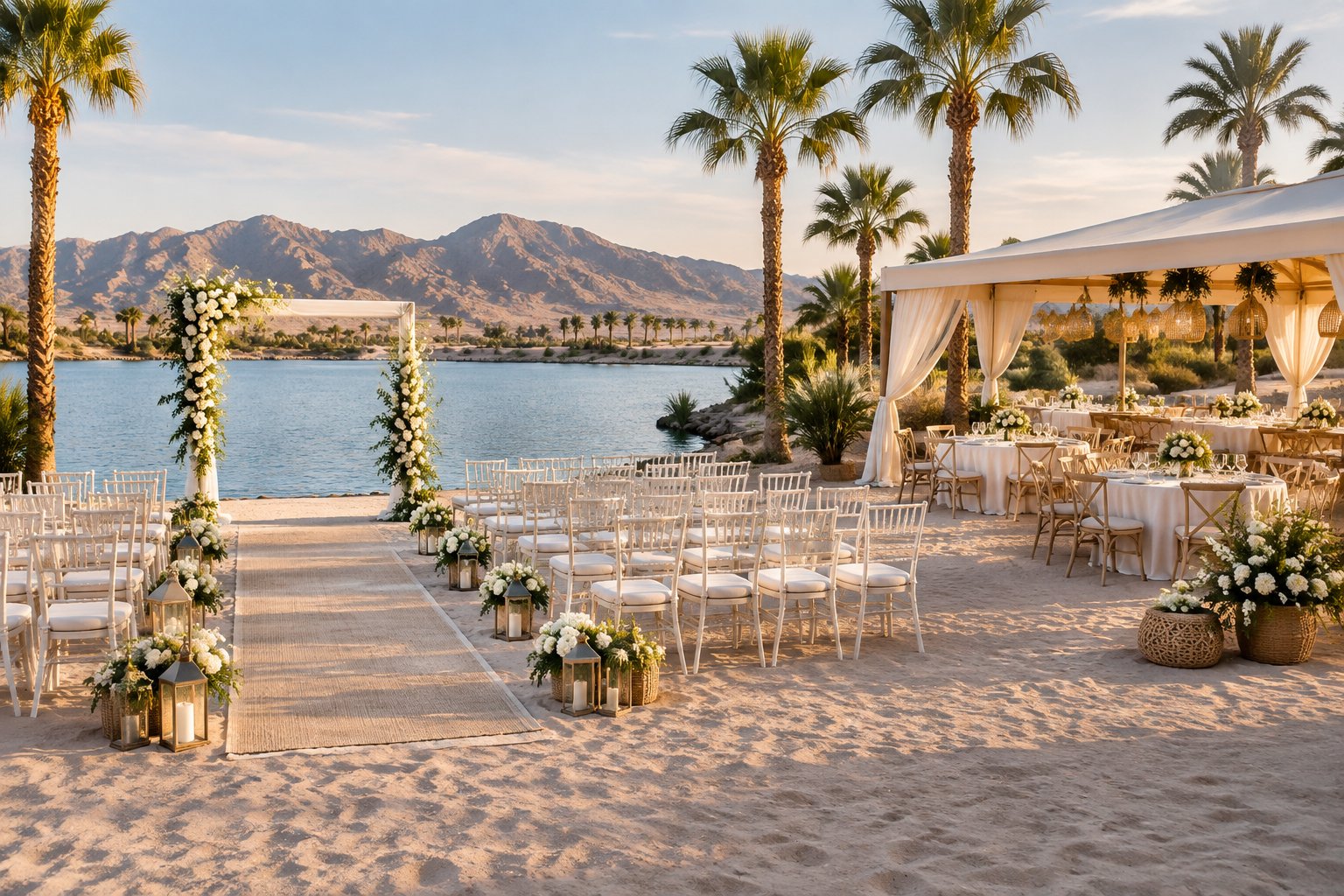 Elegant beach-style wedding venue with white chairs, floral arch, palm trees, sand, and distant desert mountains.