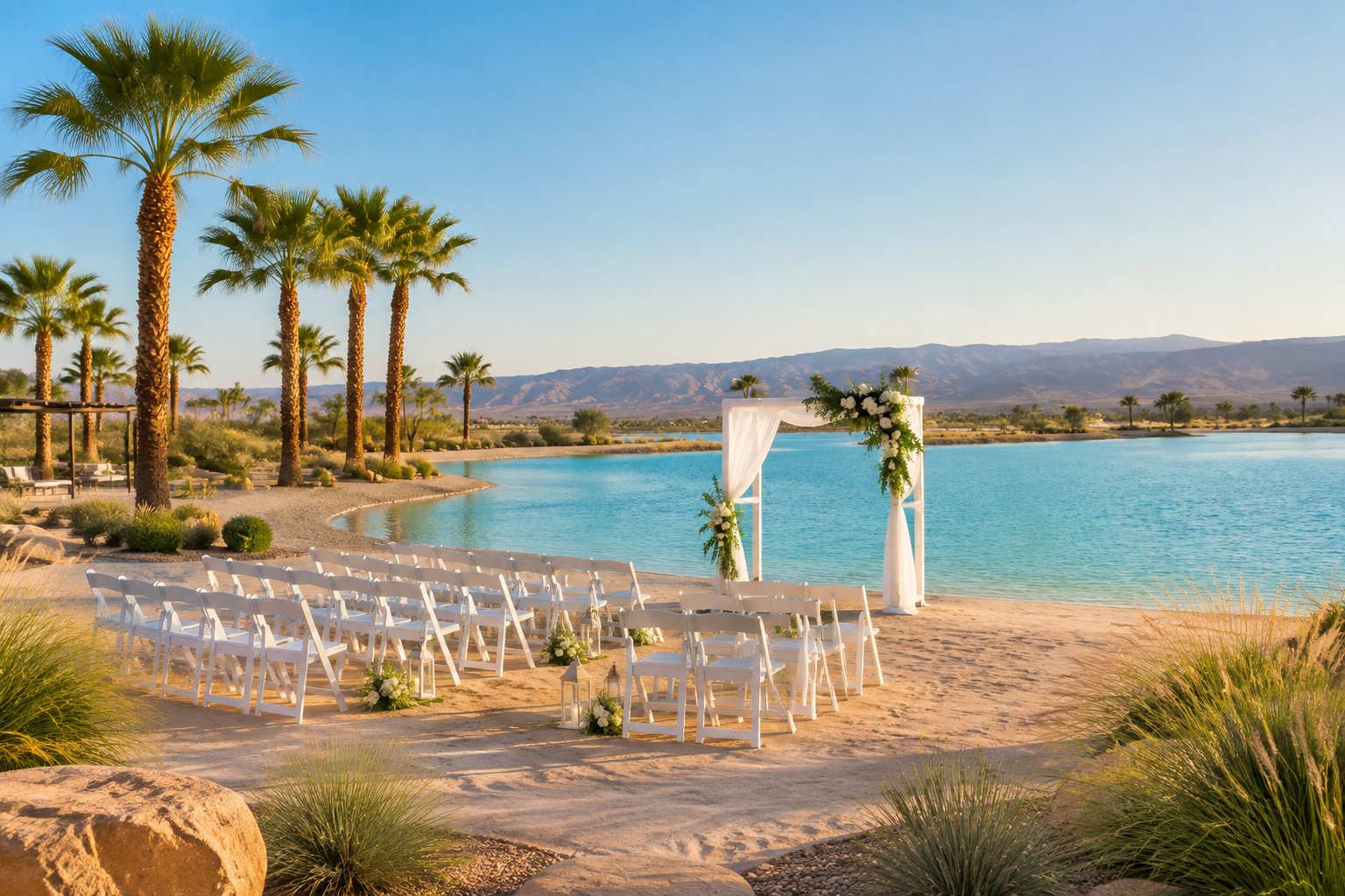 An elegant outdoor wedding ceremony setup beside a sandy shoreline and turquoise lagoon near desert mountains.