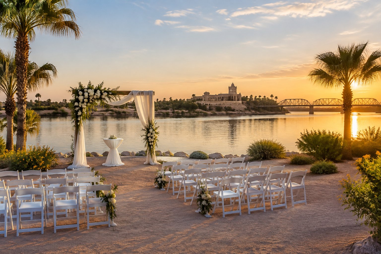 Outdoor wedding ceremony beside a calm riverfront shoreline in a desert park setting.
