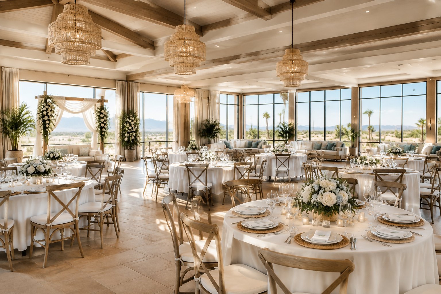 Elegant indoor wedding venue with coastal decor, floral arrangements, and a desert view through large windows.