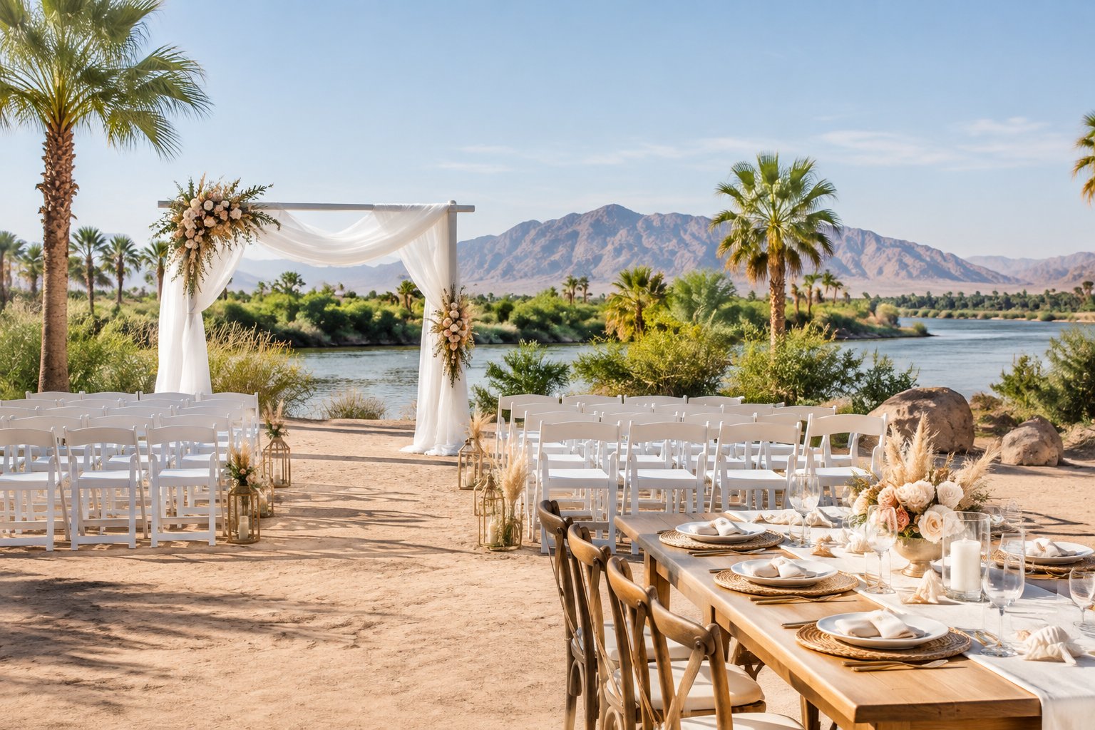 Outdoor wedding ceremony setup near a sandy riverside landscape with white chairs, a floral arch, and a decorated reception table.