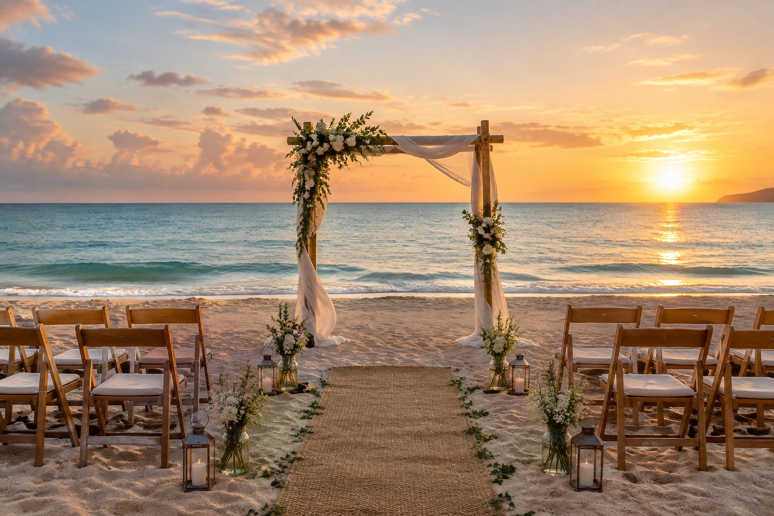 A simple seaside wedding ceremony setup with chairs, a flower-decorated arbor, and a sunset over the ocean.
