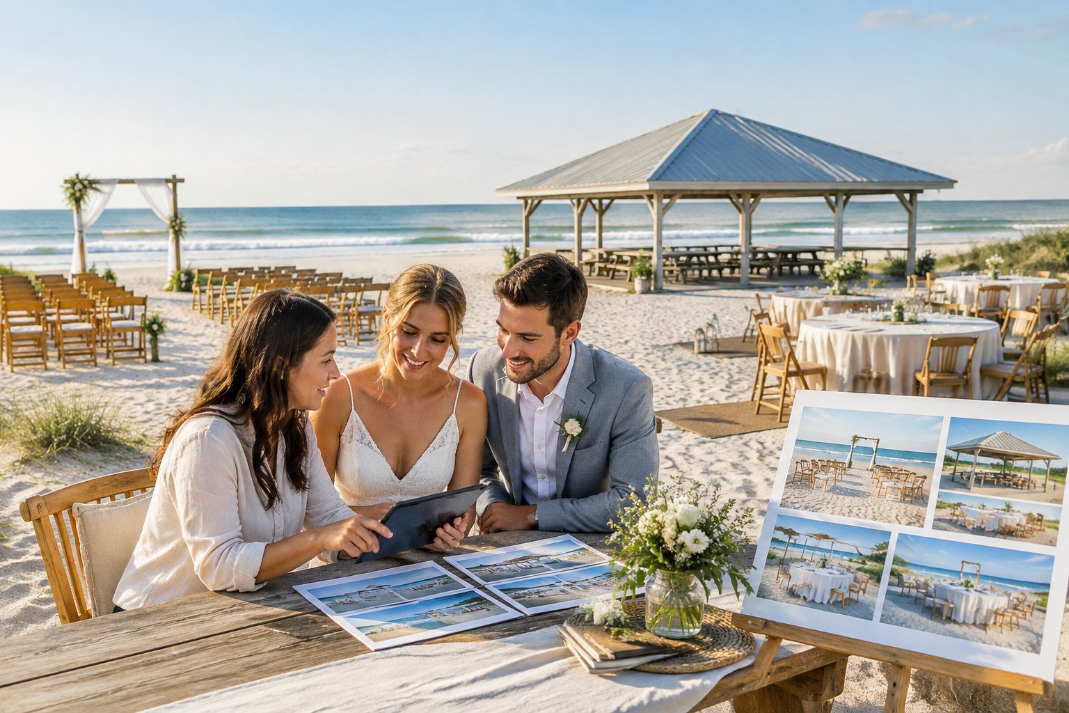 A couple compares affordable wedding venue options at a beachside ceremony setup.