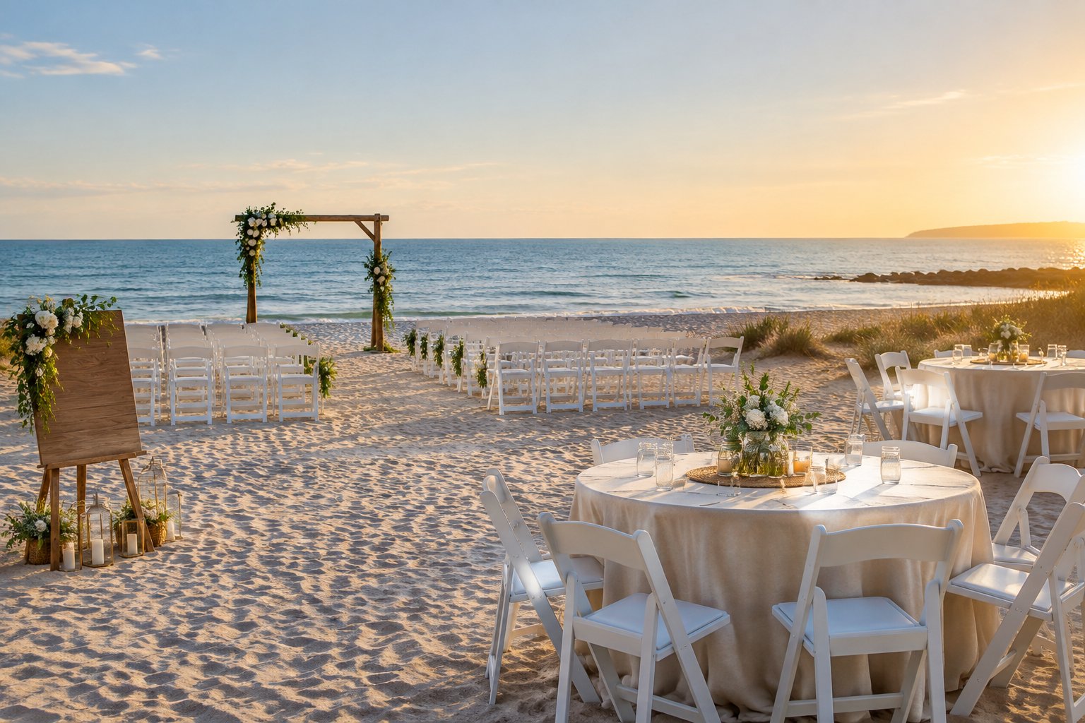 A simple beach wedding ceremony setup with white chairs, a small floral arch, and modest reception tables beside the ocean.