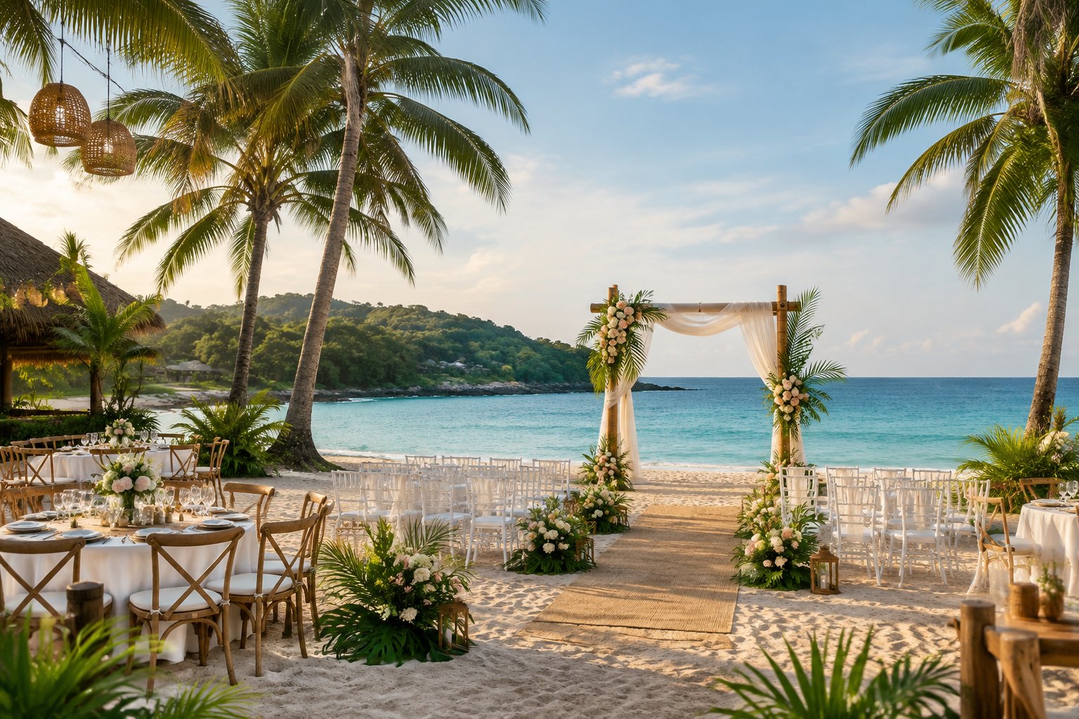An elegant beach wedding ceremony setup on a tropical Quezon shoreline with an ocean view.