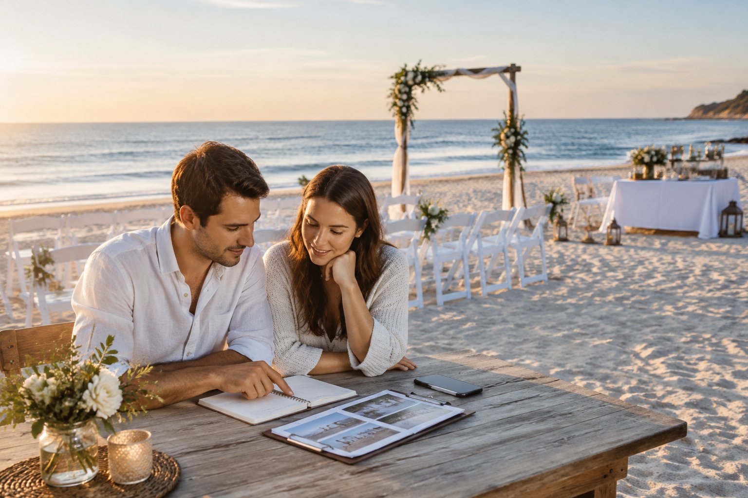 A couple compares wedding plans beside a simple beach ceremony setup.