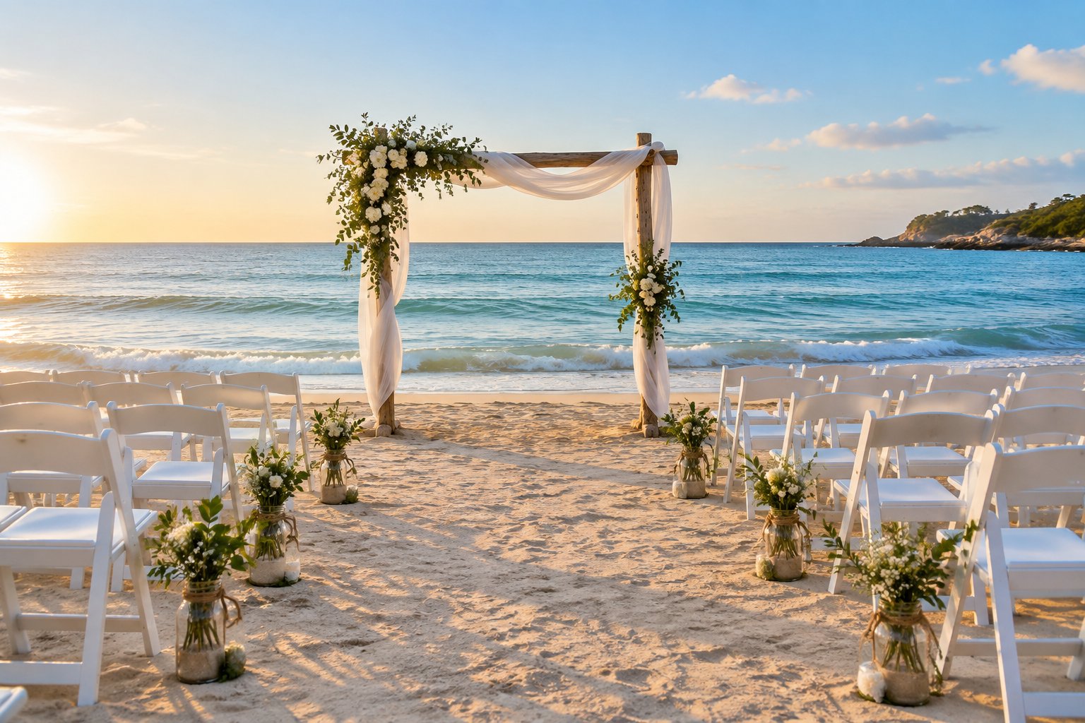 A simple beach wedding ceremony setup with a decorated arch, rows of chairs, and the ocean in the background.