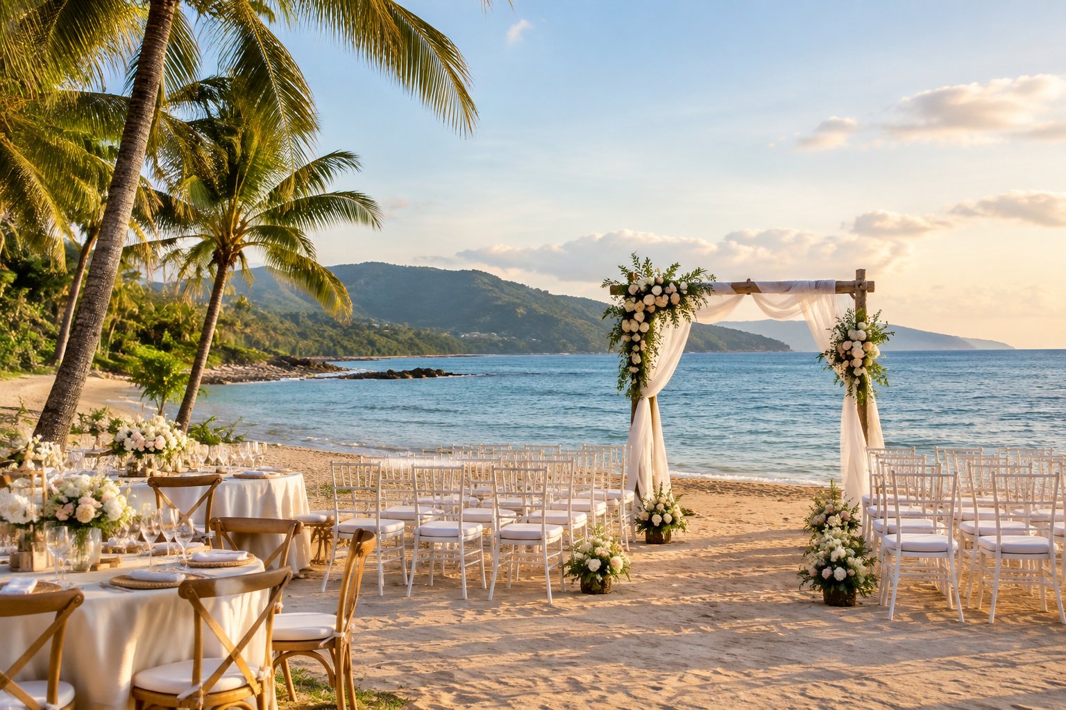 A seaside wedding ceremony setup on a tropical beach in Quezon with a flower-decorated arch, white chairs, and ocean views.