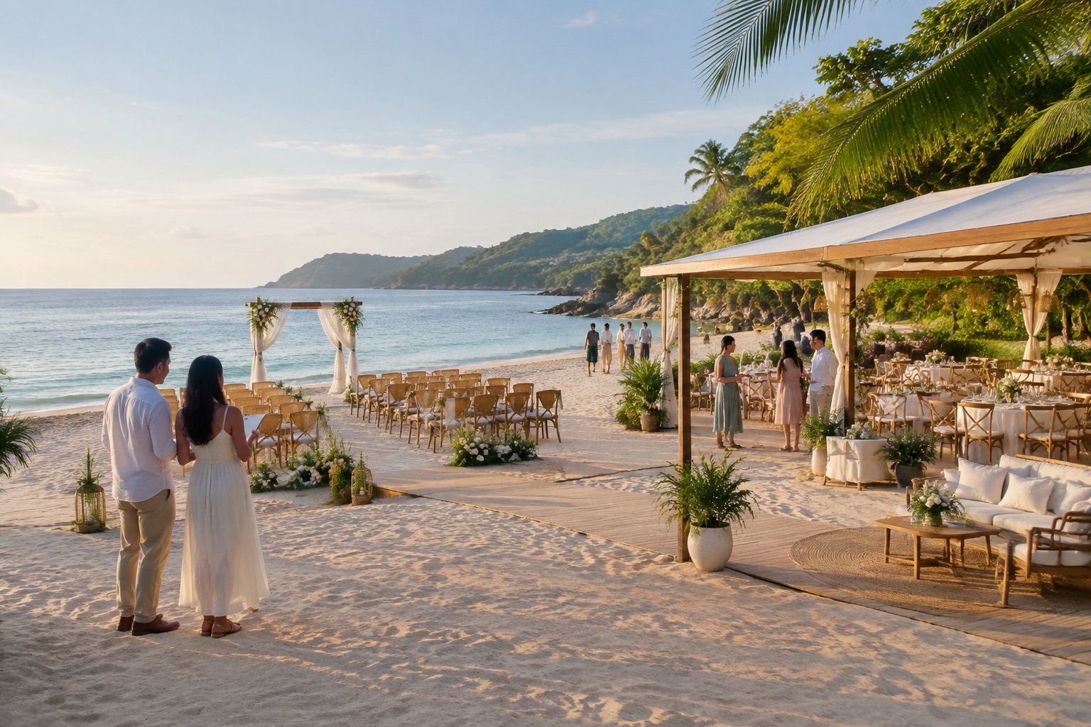 A couple reviews a spacious tropical beach wedding venue with seating, reception tables, and guests near the Quezon coastline.