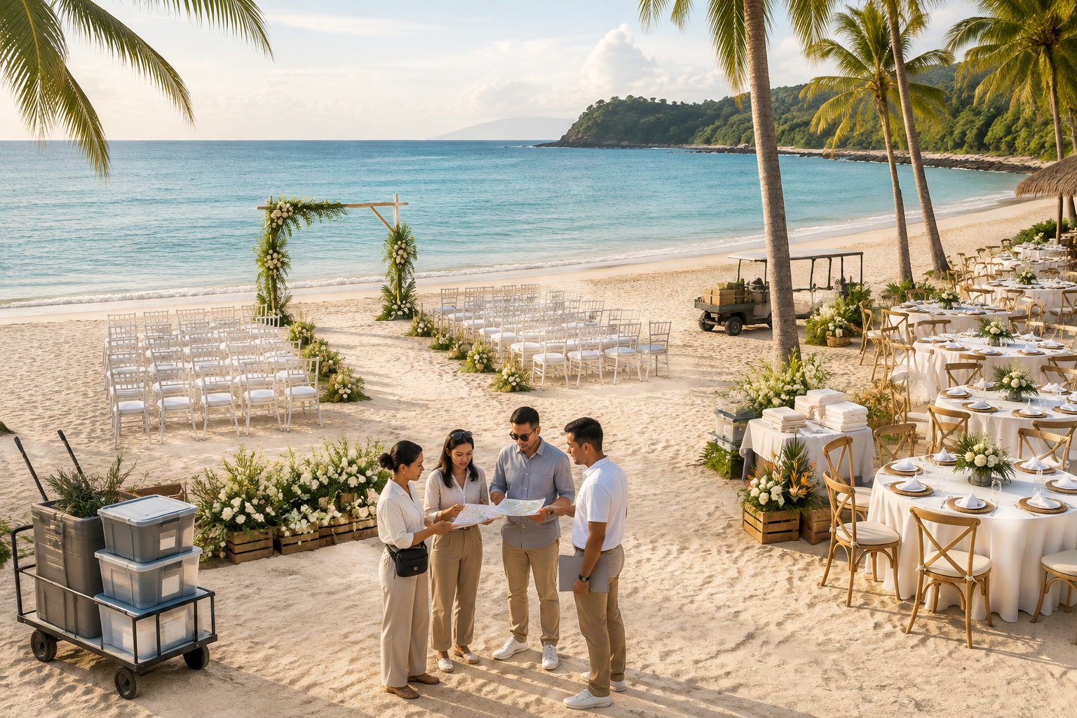 Event coordinators organize a tropical beach wedding venue with ceremony chairs, reception tables, and delivery supplies.