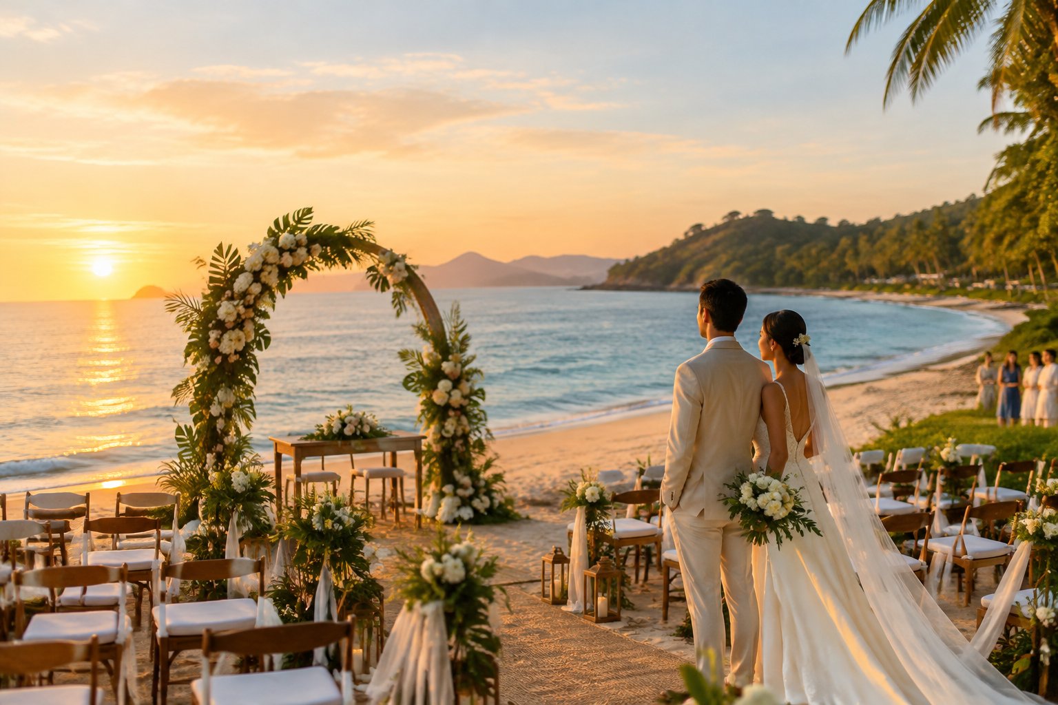 A couple stands beside a decorated beach wedding ceremony setup overlooking the ocean at sunset.