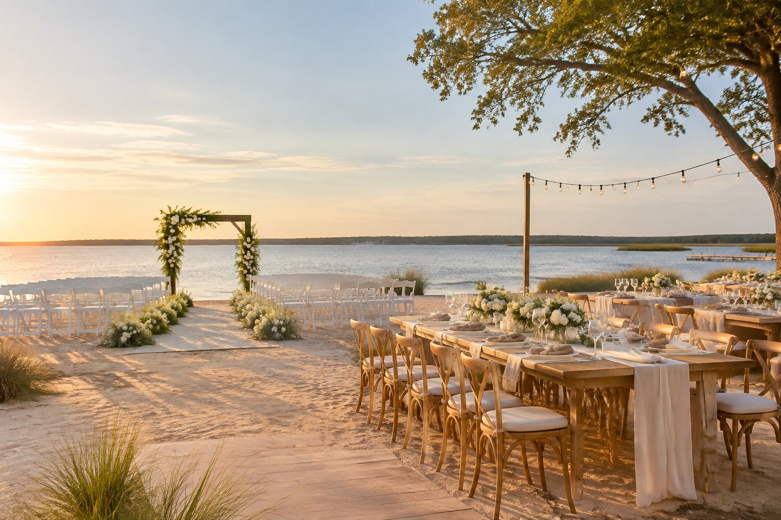 An elegant outdoor wedding ceremony setup beside a sandy beach with white chairs, floral decorations, and a reception area.