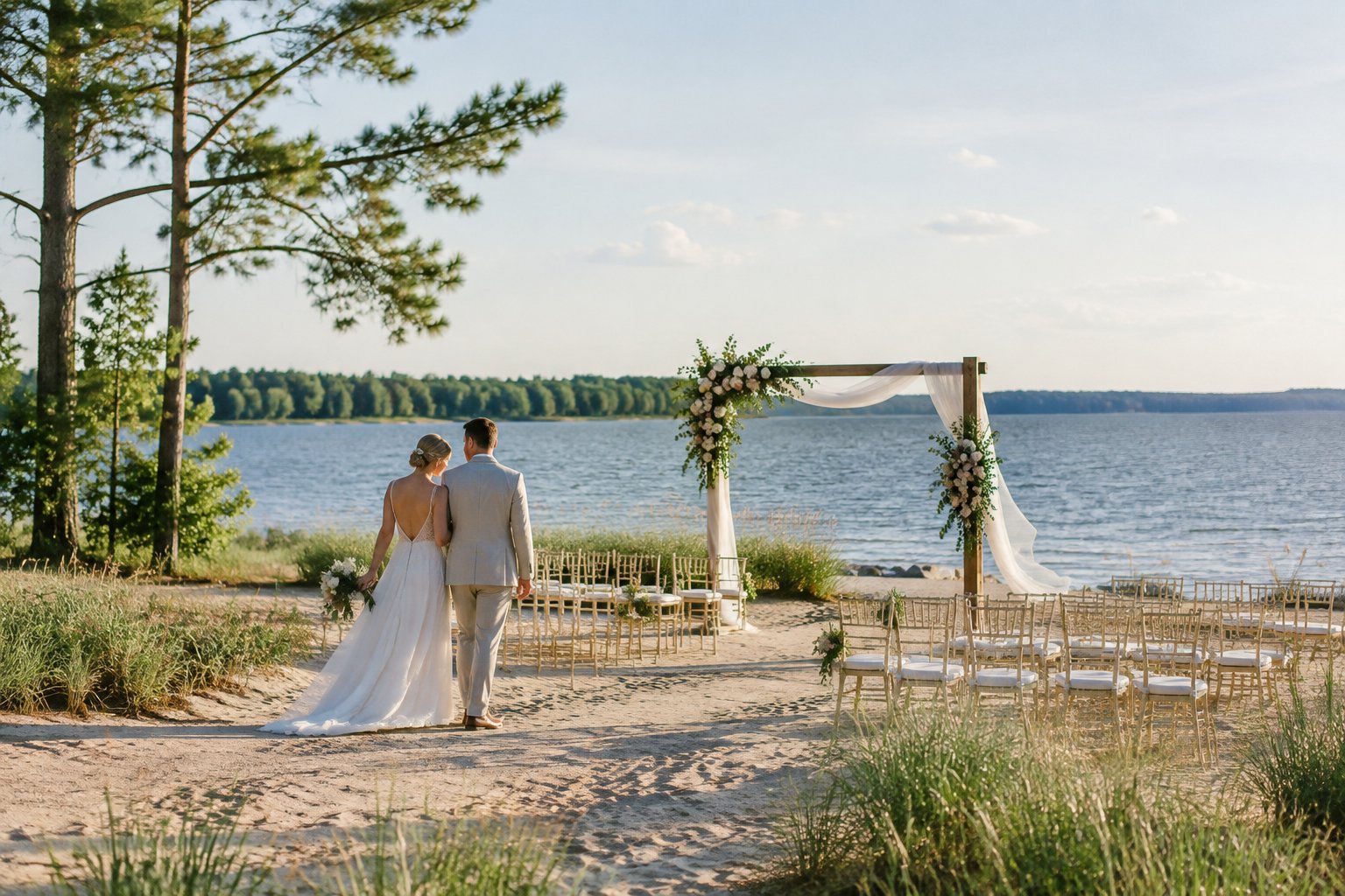 A couple stands beside a flower-decorated wedding arbor near a sandy shoreline with rows of guest chairs and calm blue water.