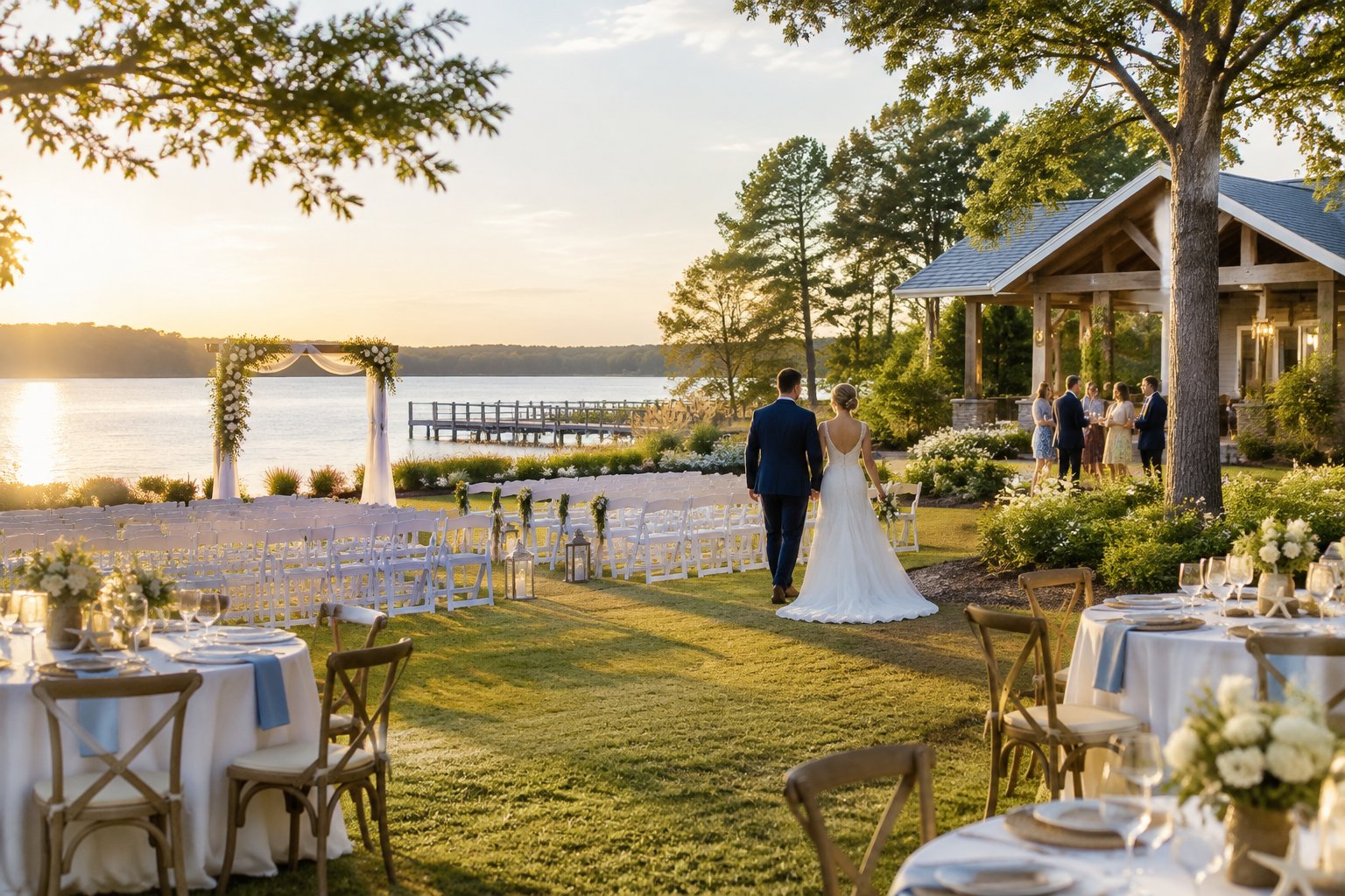 An elegant outdoor wedding venue beside calm water, with white chairs, floral decorations, reception tables, and guests gathered in the late afternoon.