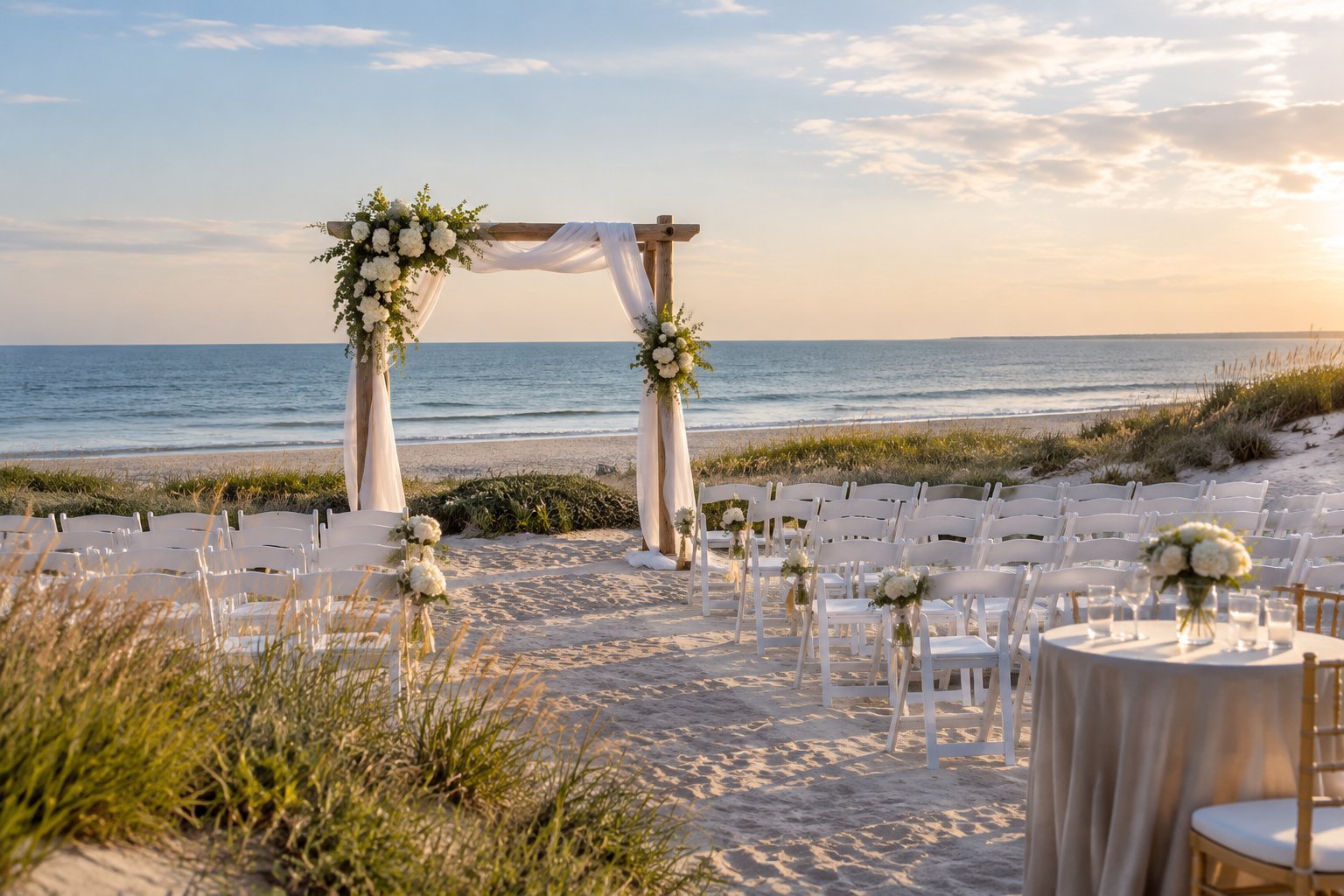 An elegant outdoor wedding ceremony setup beside a calm coastal shoreline.