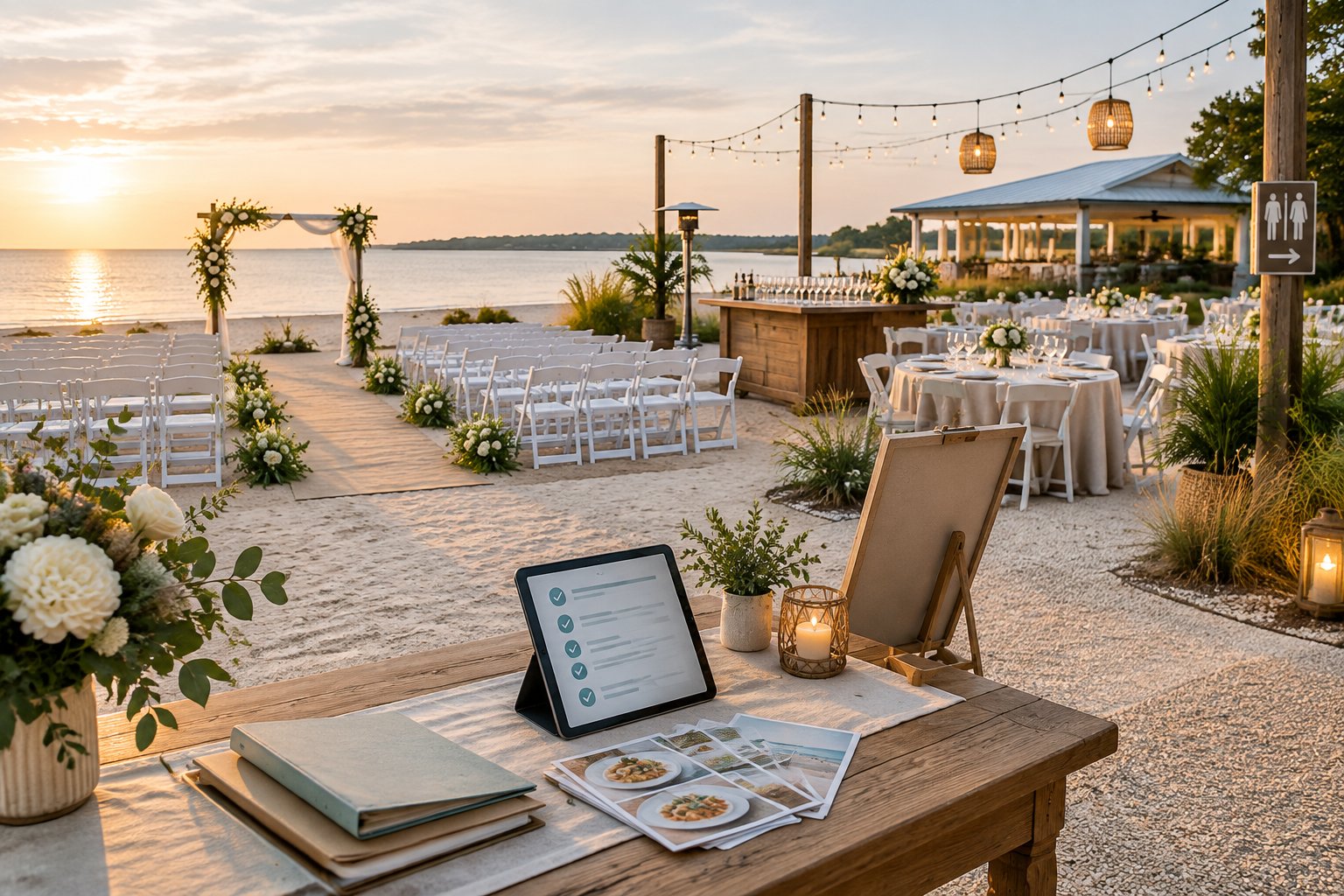 An elegant beachside wedding venue with arranged ceremony chairs, reception tables, and event planning materials.