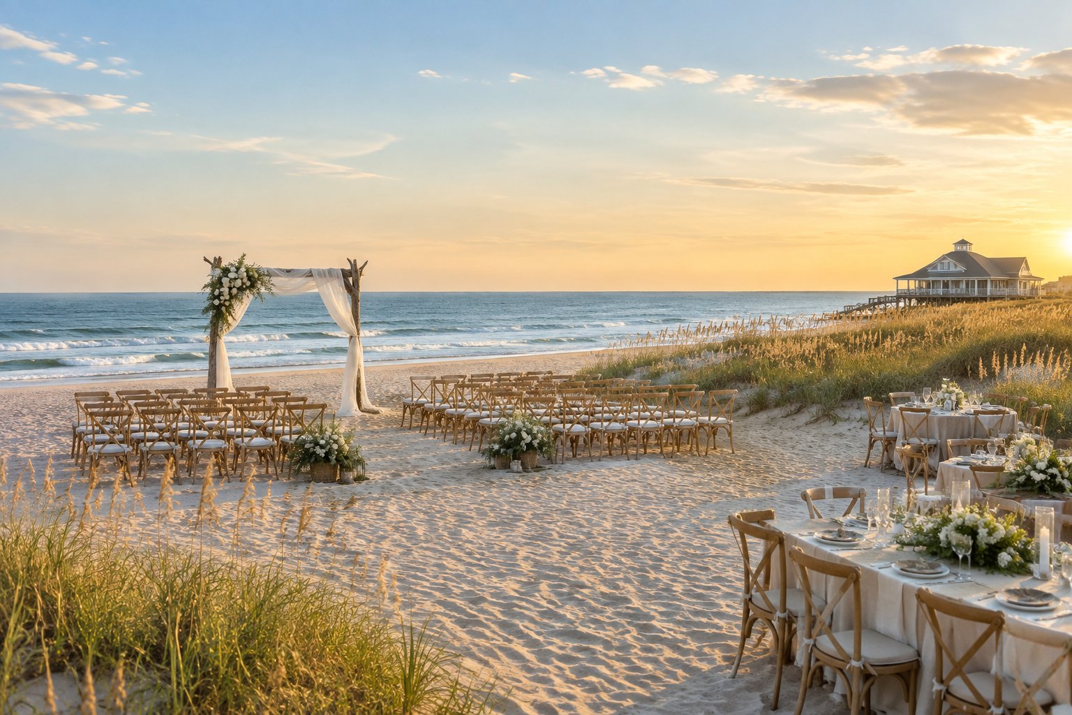 An elegant wedding ceremony setup on a sandy Outer Banks beach with white chairs, a floral arch, dunes, and the ocean.