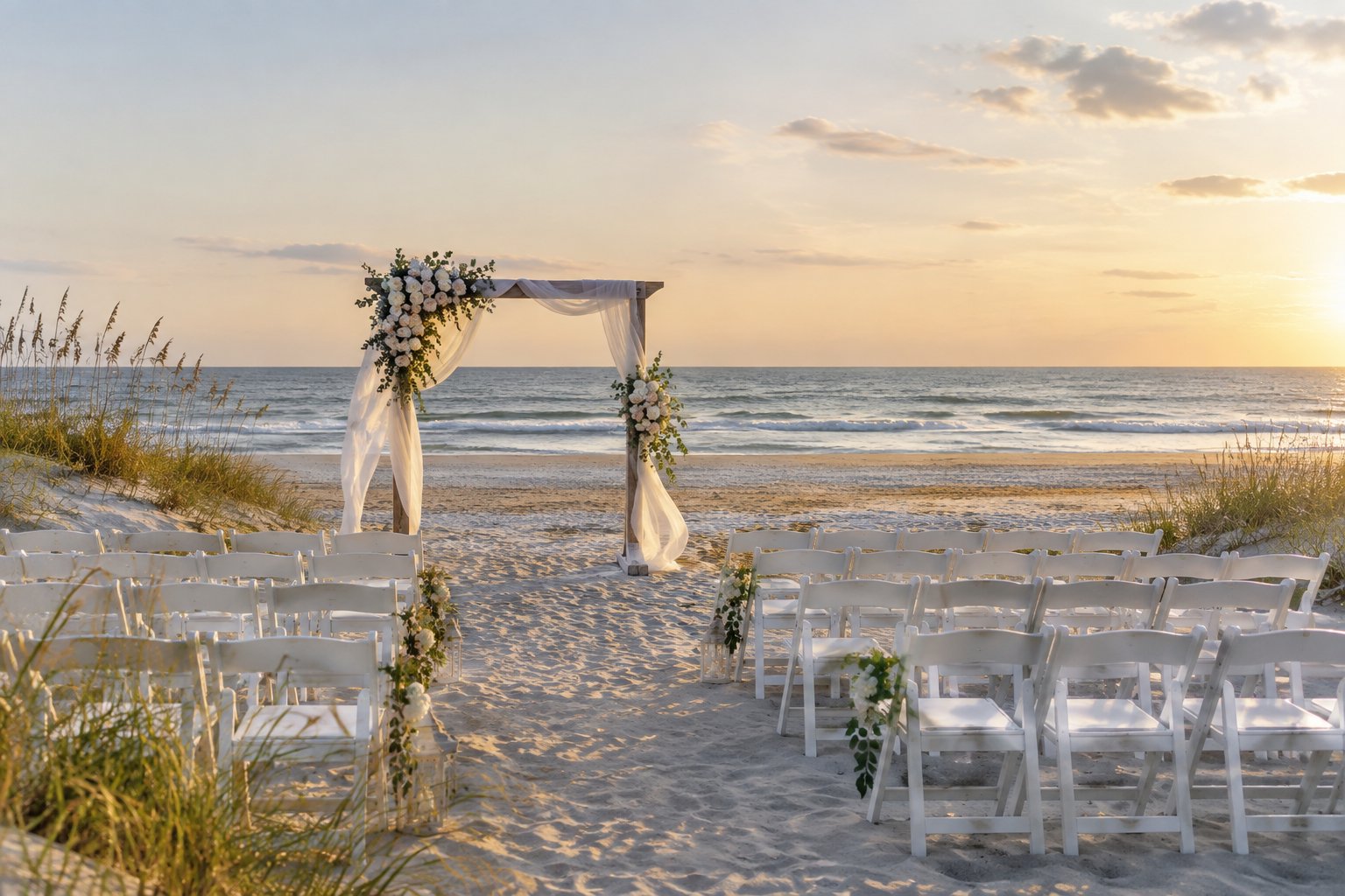 An elegant wedding ceremony setup on a sandy Outer Banks beach overlooking the ocean.