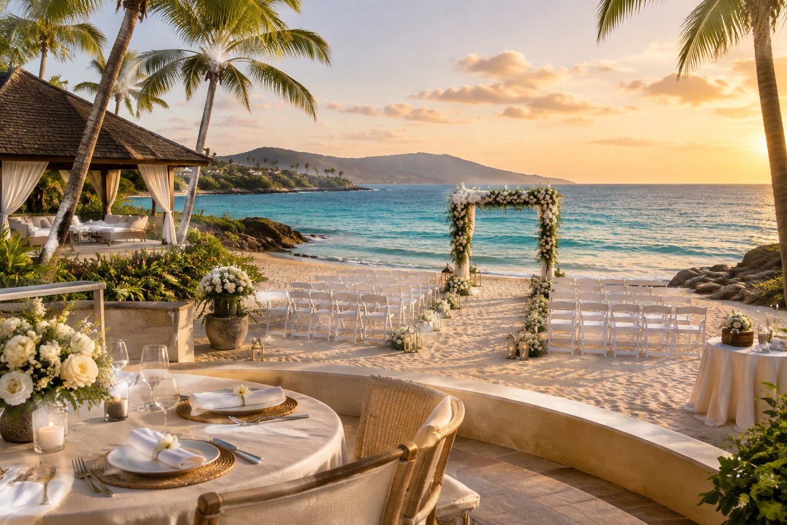 Elegant wedding ceremony setup on a sandy beach overlooking the ocean.