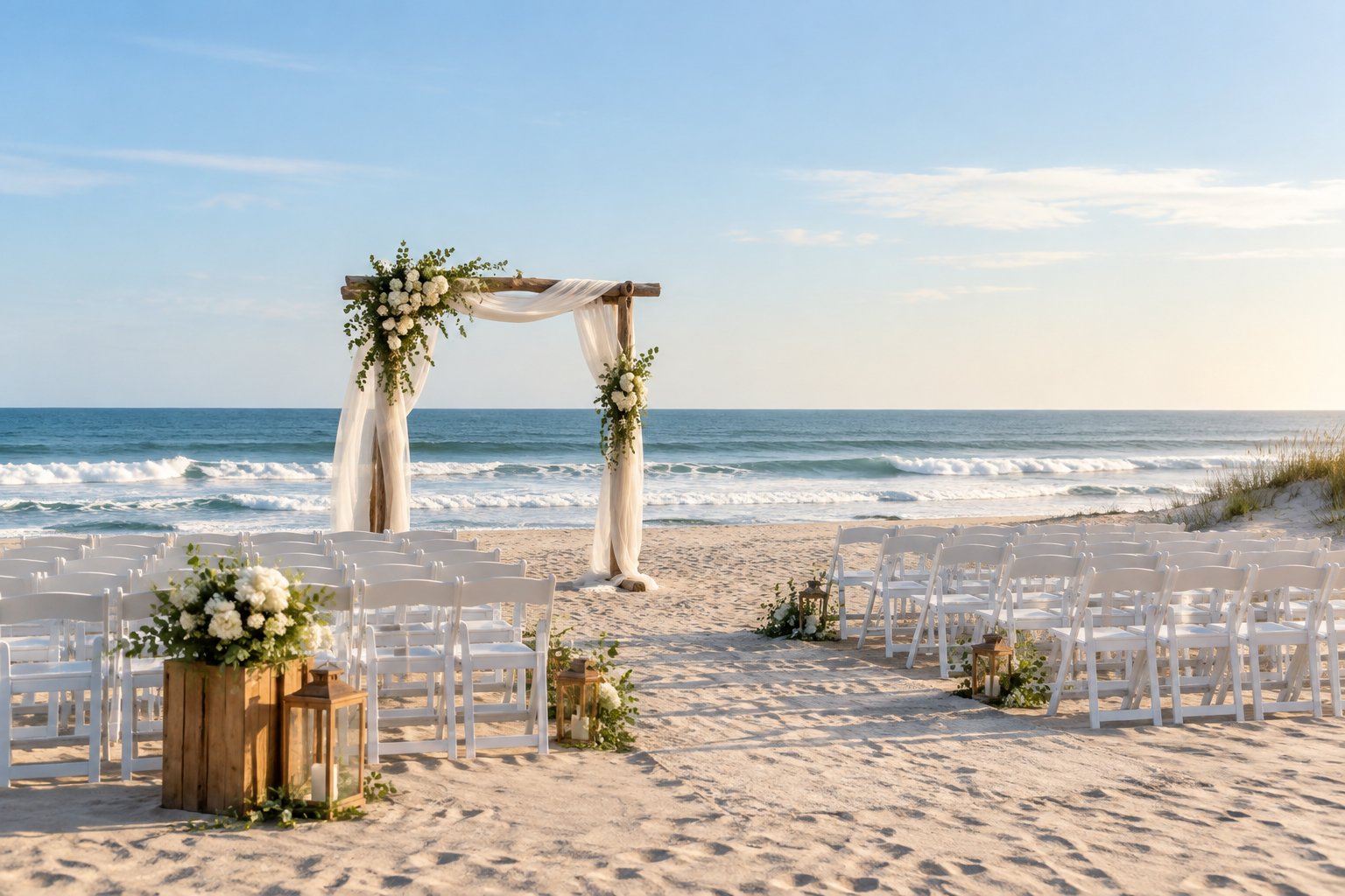 A decorated wedding arbor and rows of white chairs on a sandy beach beside the ocean.
