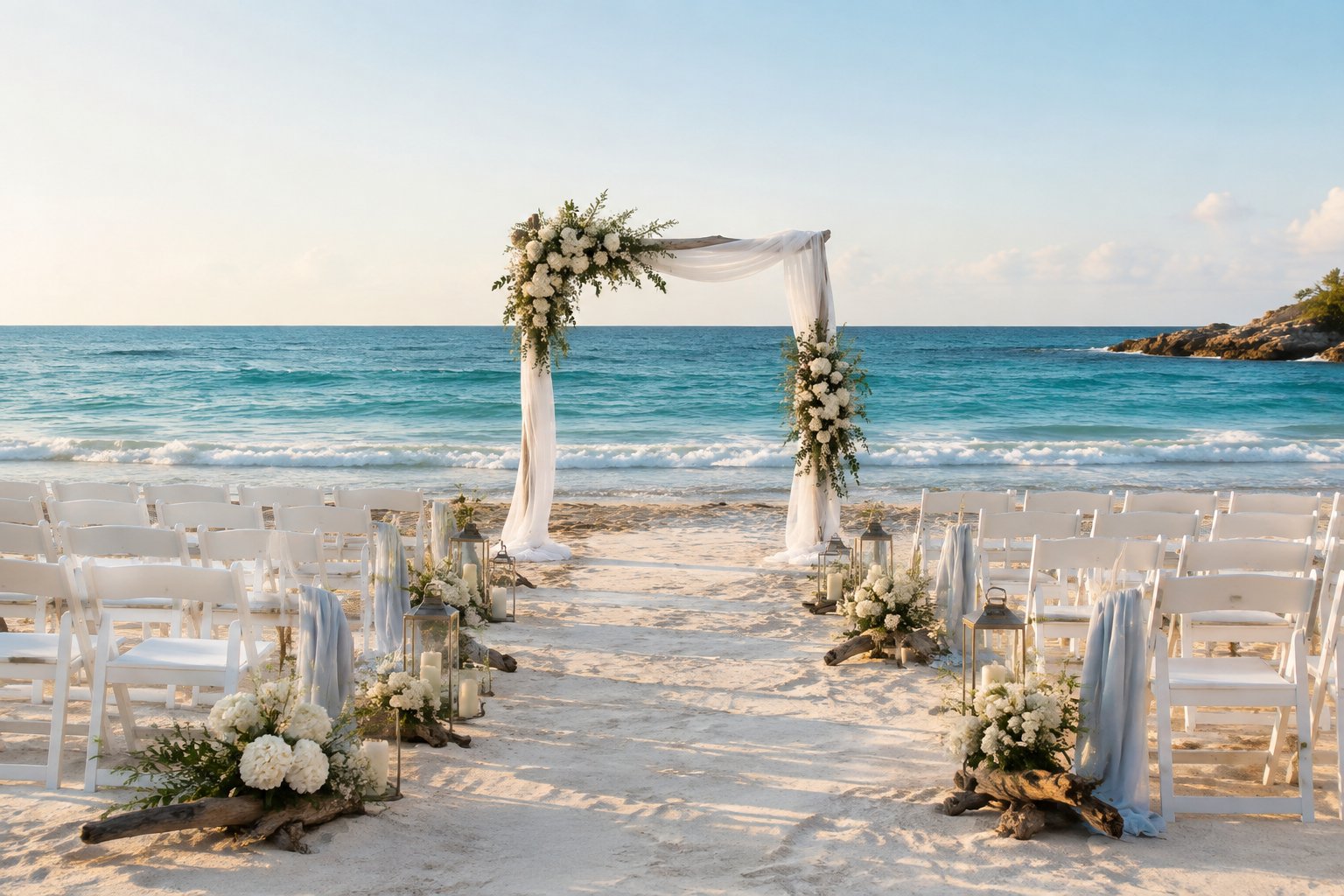 A decorated wedding ceremony setup on a sandy beach overlooking the ocean.