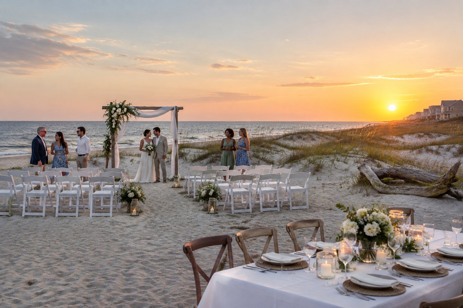 A couple and guests gather beside a simple decorated wedding ceremony setup on an Outer Banks beach.