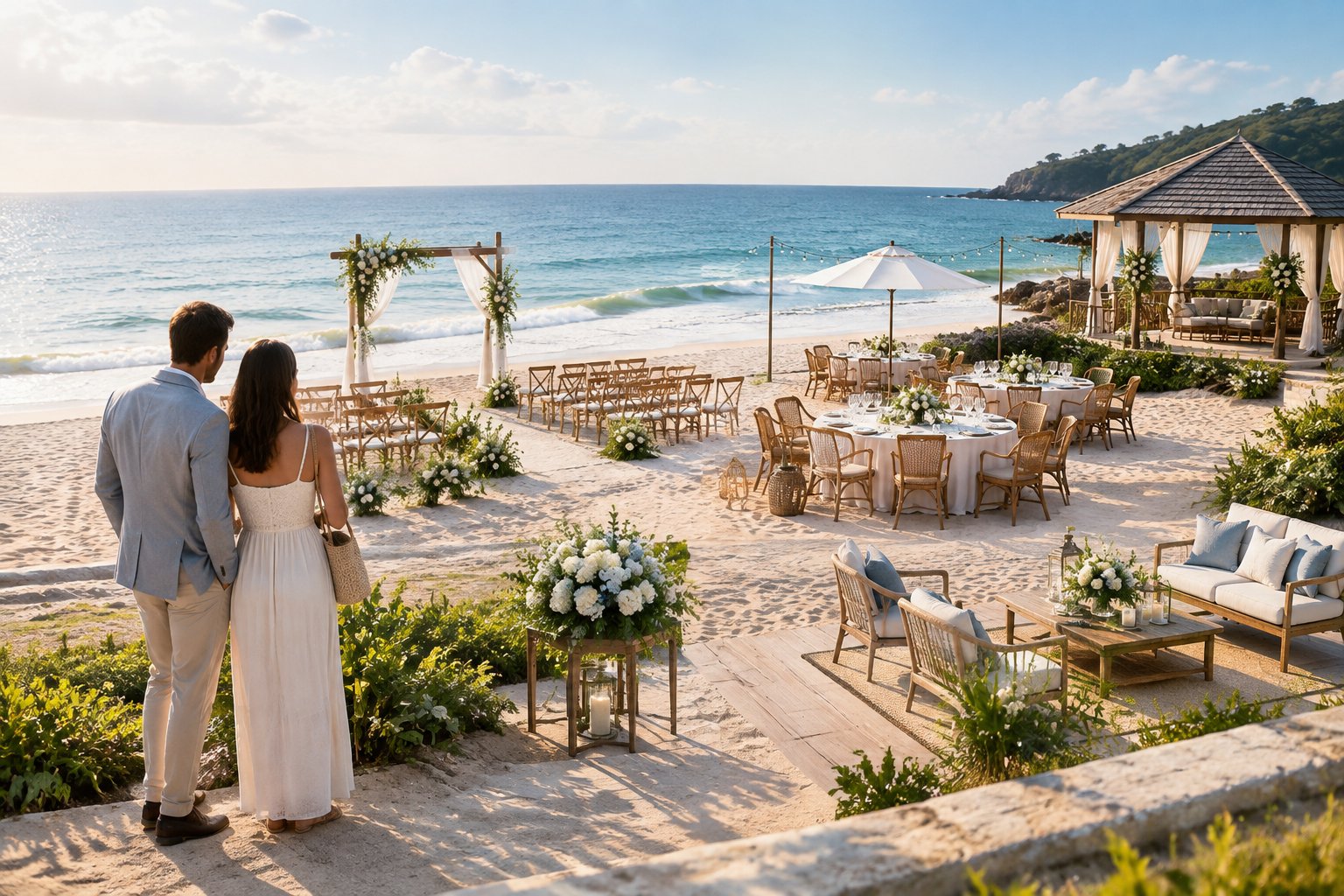 A couple compares several elegant wedding venue setups beside a sunny beach.