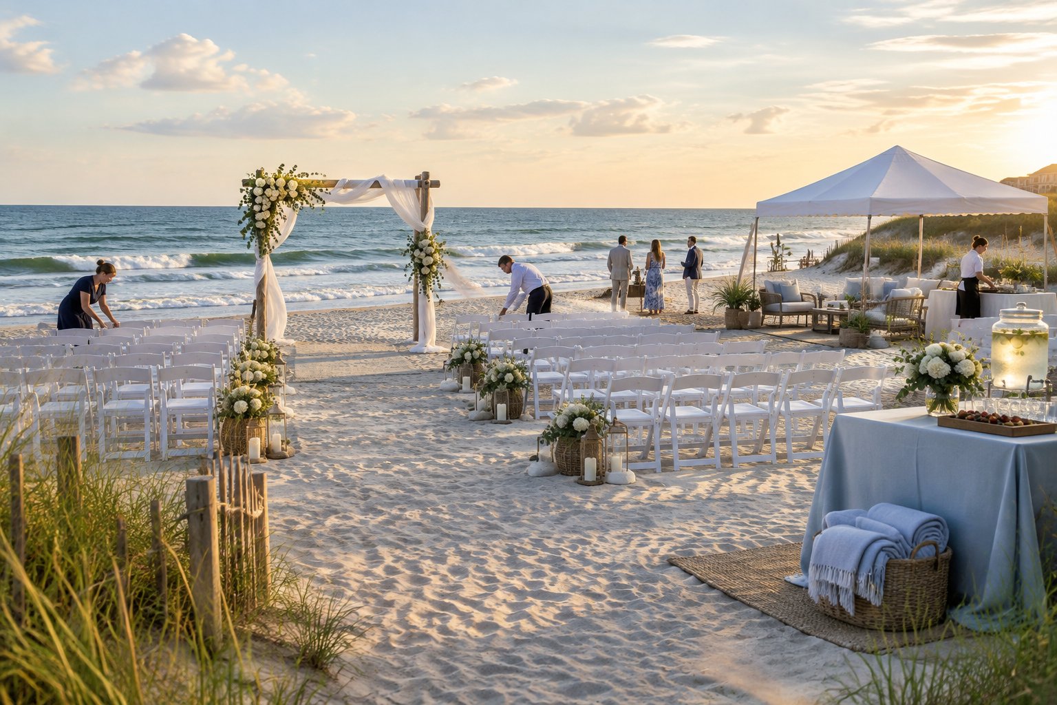A comfortable beach wedding setup with secured decorations, guest seating, and a covered refreshment area beside the ocean.
