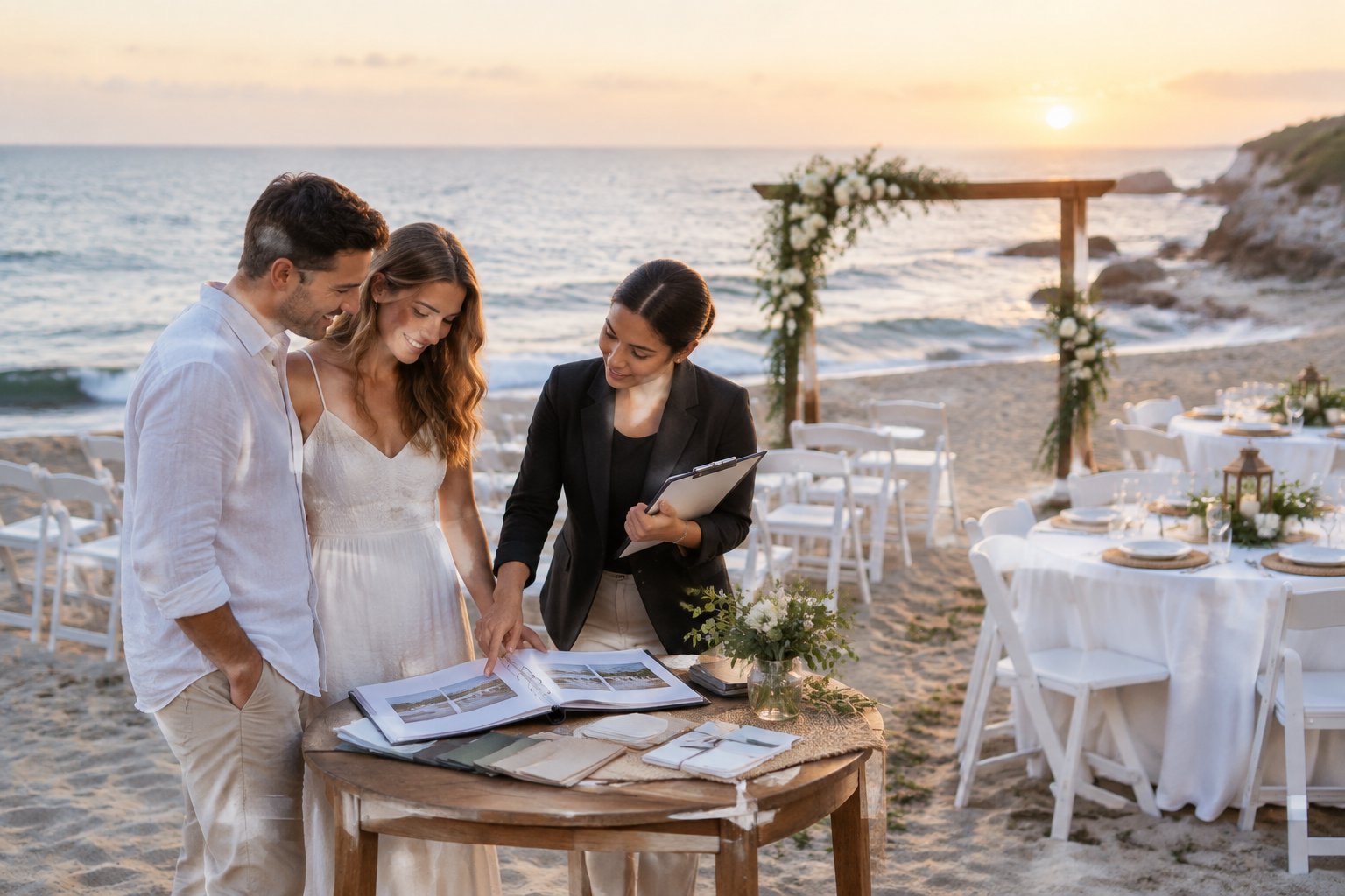 A couple and wedding coordinator review a modest beach ceremony setup beside the ocean.